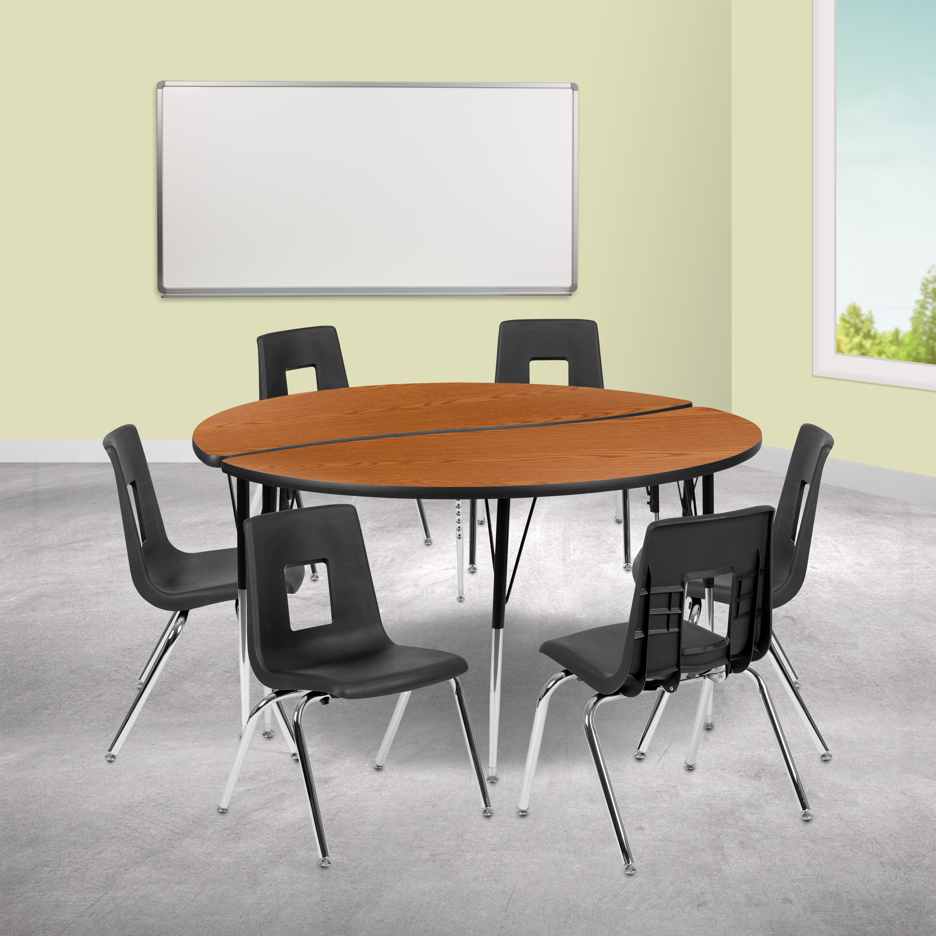 Emmy 60" Circle Wave Flexible Laminate Activity Table Set with 18" Student Stack Chairs, Oak/Black