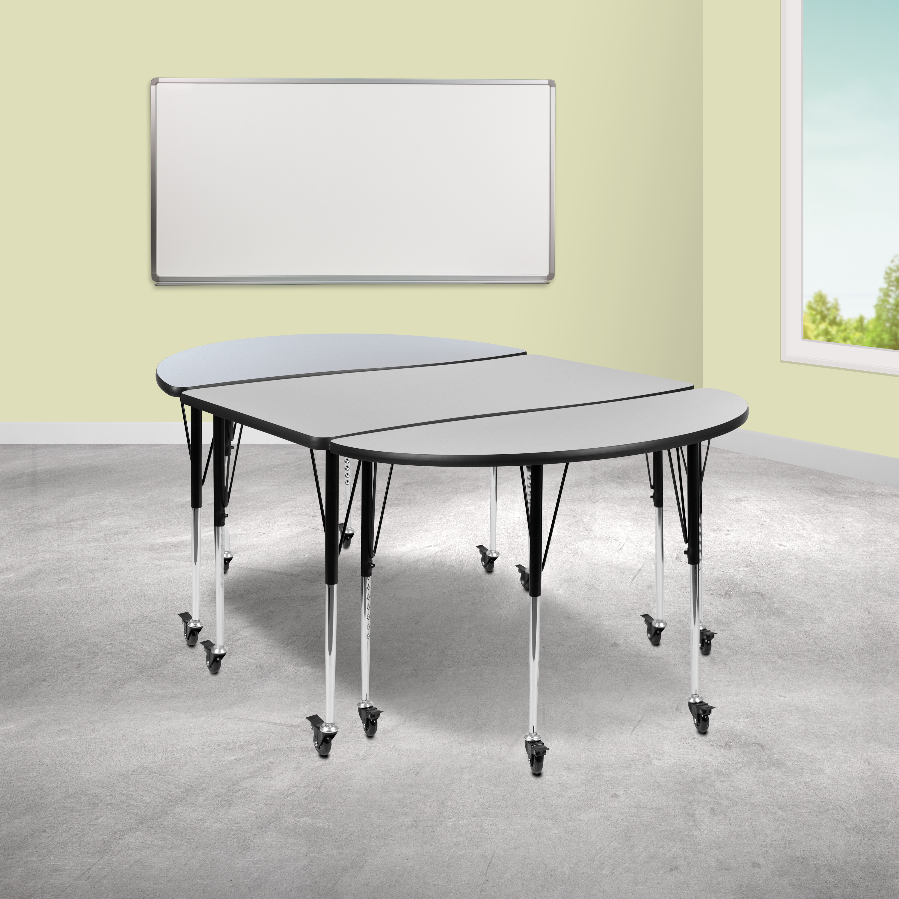 Emmy 3 Piece Mobile 76" Oval Wave Flexible Grey Thermal Laminate Activity Table Set-Standard Height Adjustable Legs