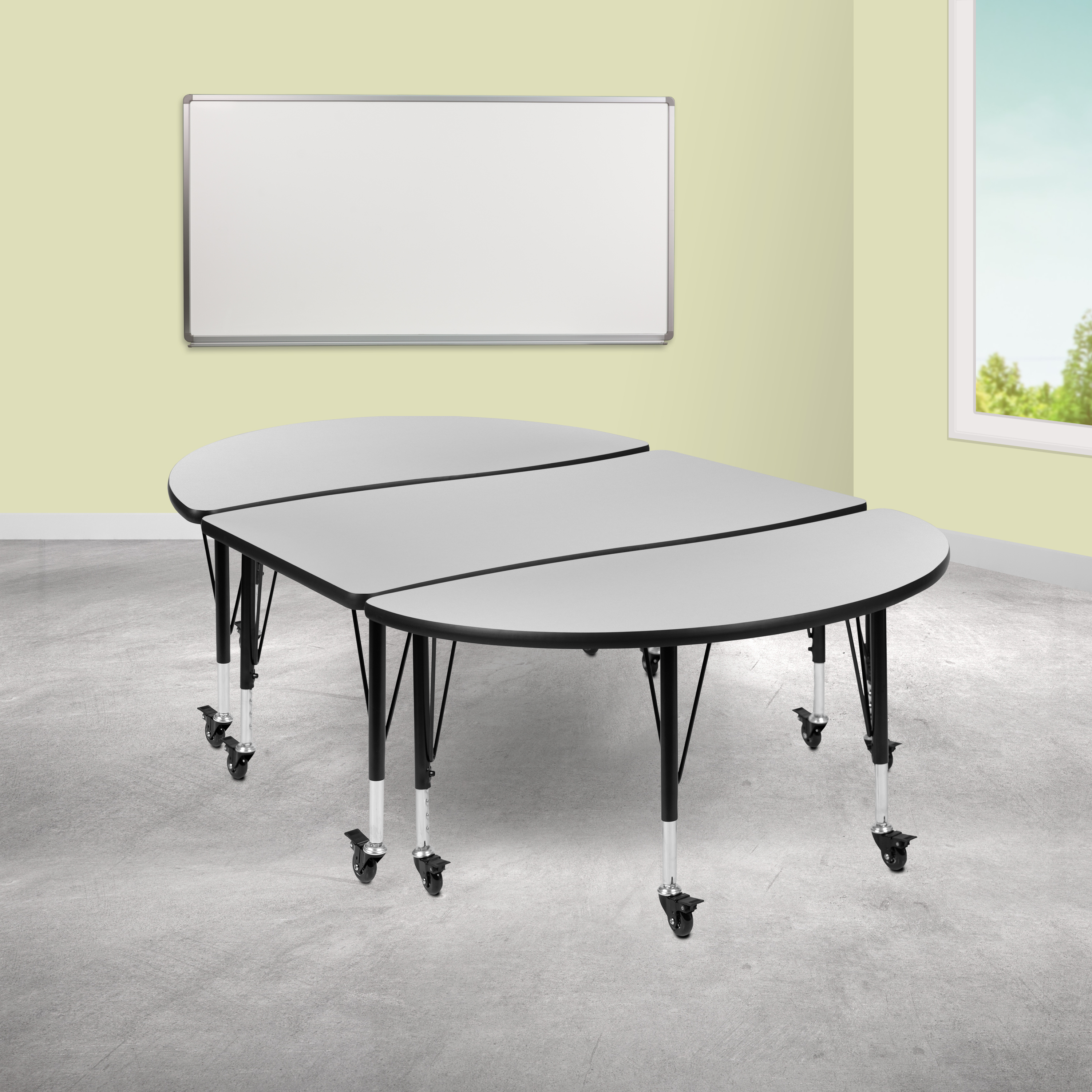 Emmy 3 Piece Mobile 76" Oval Wave Flexible Grey Thermal Laminate Activity Table Set - Height Adjustable Short Legs