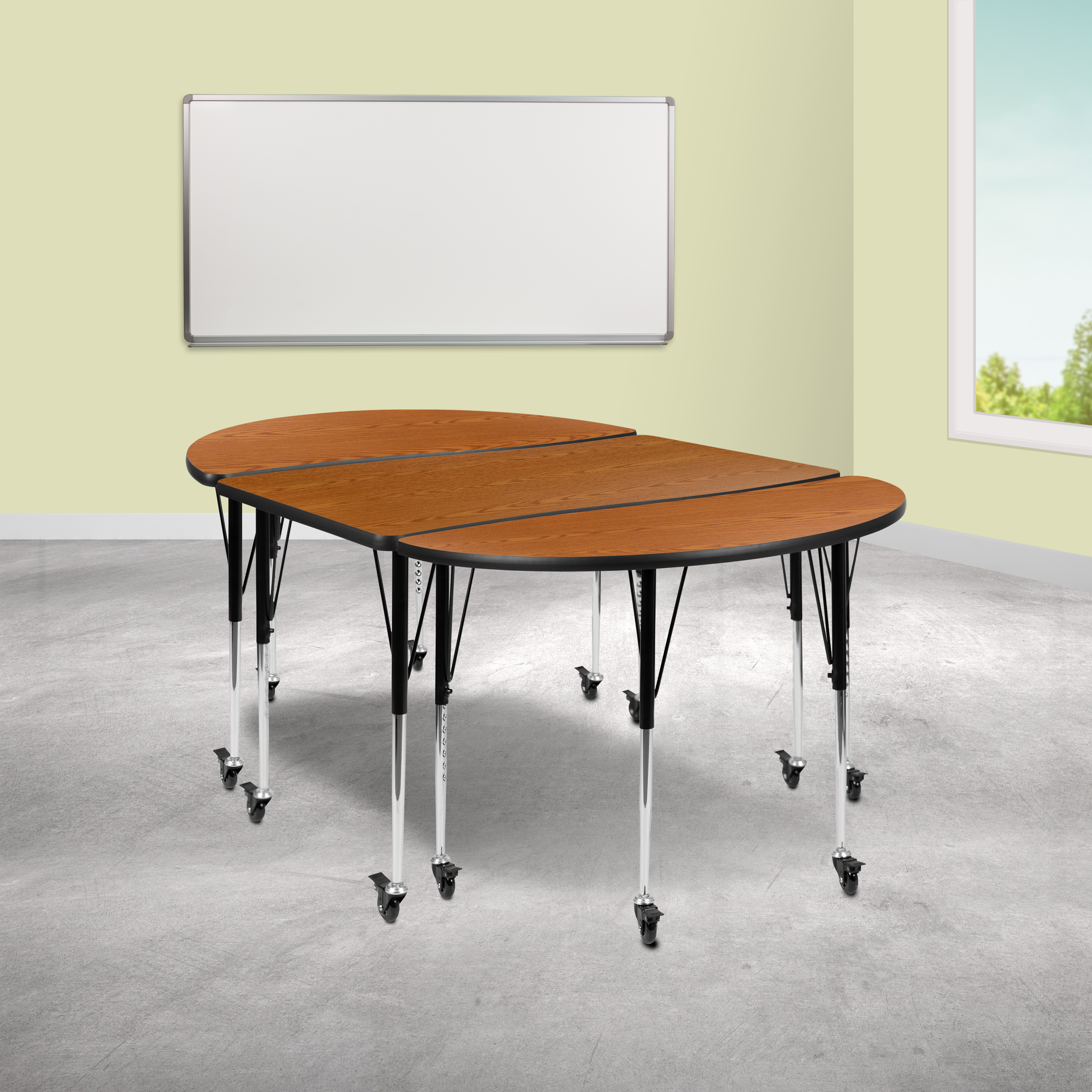 Emmy 3 Piece Mobile 76" Oval Wave Flexible Oak Thermal Laminate Activity Table Set-Standard Height Adjustable Legs
