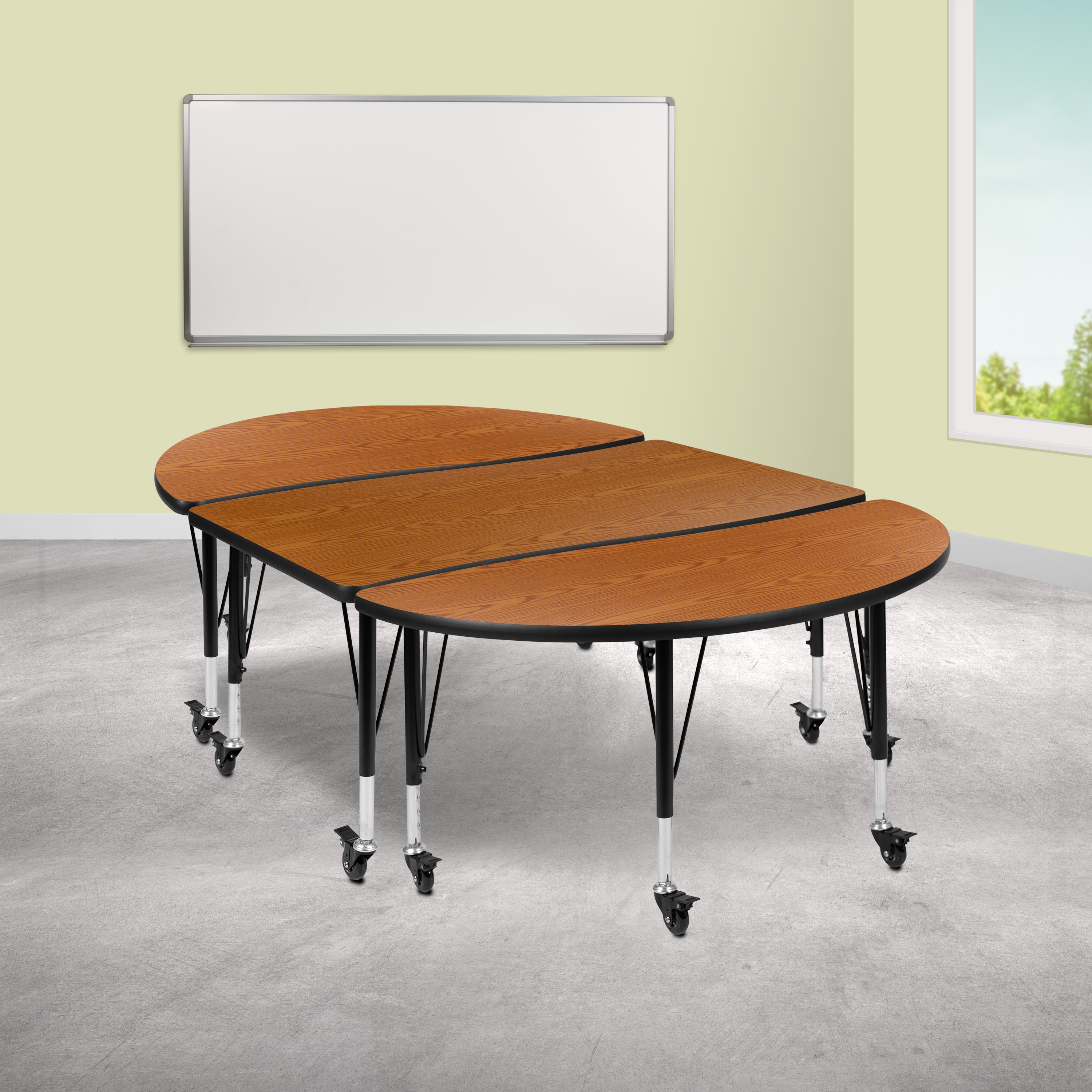 Emmy 3 Piece Mobile 76" Oval Wave Flexible Oak Thermal Laminate Activity Table Set - Height Adjustable Short Legs