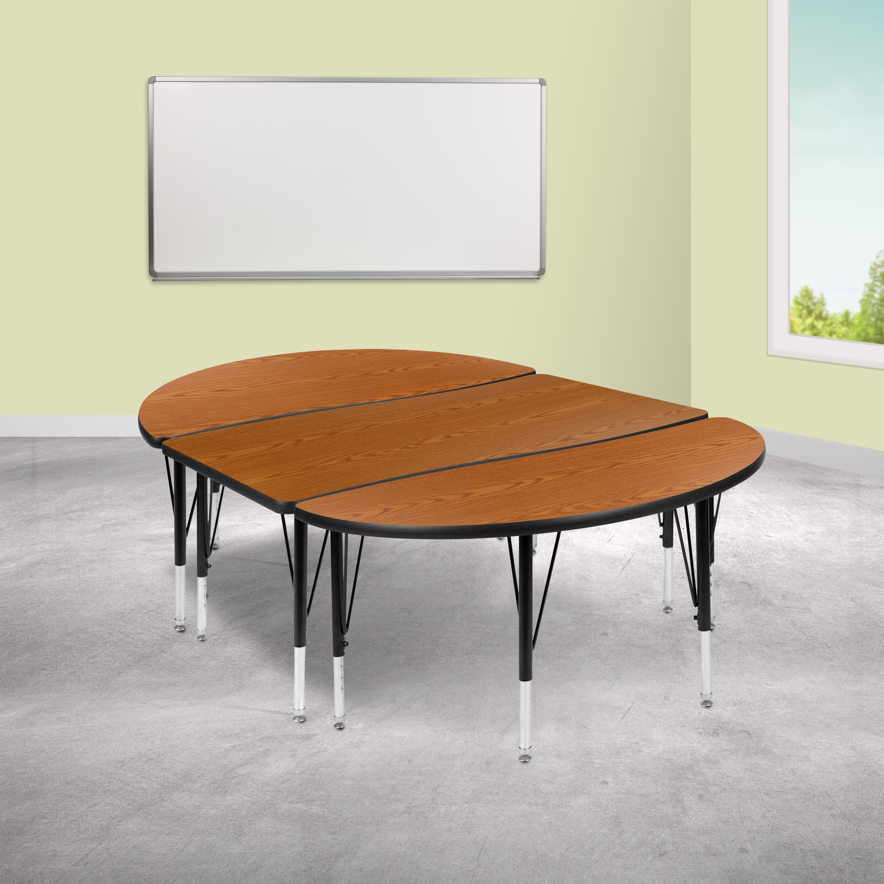 Emmy 2 Piece 76" Oval Wave Flexible Oak Thermal Laminate Activity Table Set - Height Adjustable Short Legs