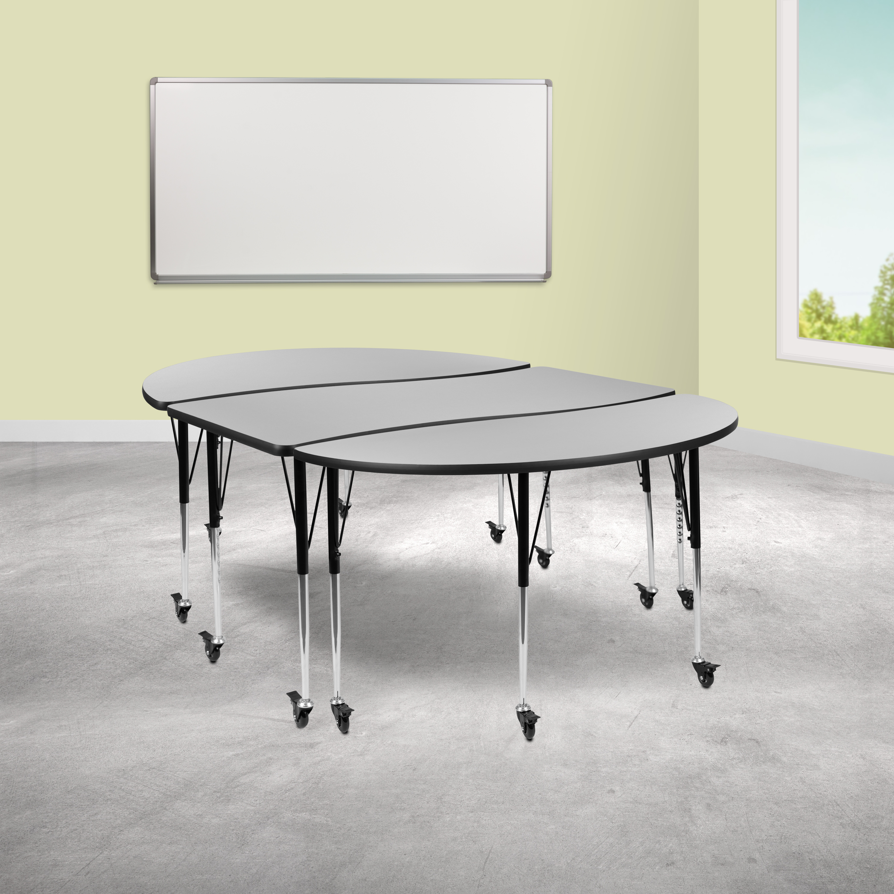Emmy 3 Piece Mobile 86" Oval Wave Flexible Grey Thermal Laminate Activity Table Set-Standard Height Adjustable Legs