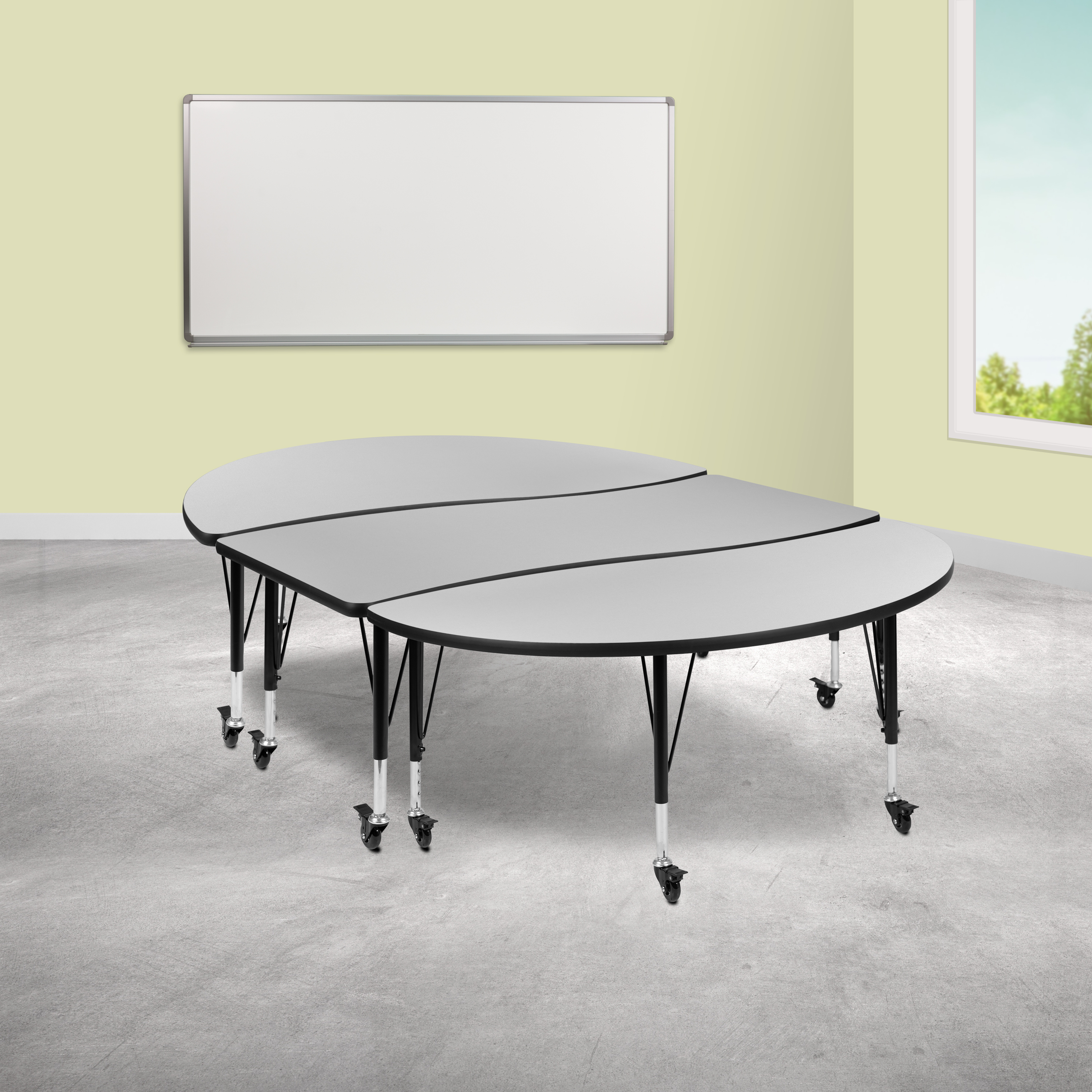 Emmy 3 Piece Mobile 86" Oval Wave Flexible Grey Thermal Laminate Activity Table Set - Height Adjustable Short Legs