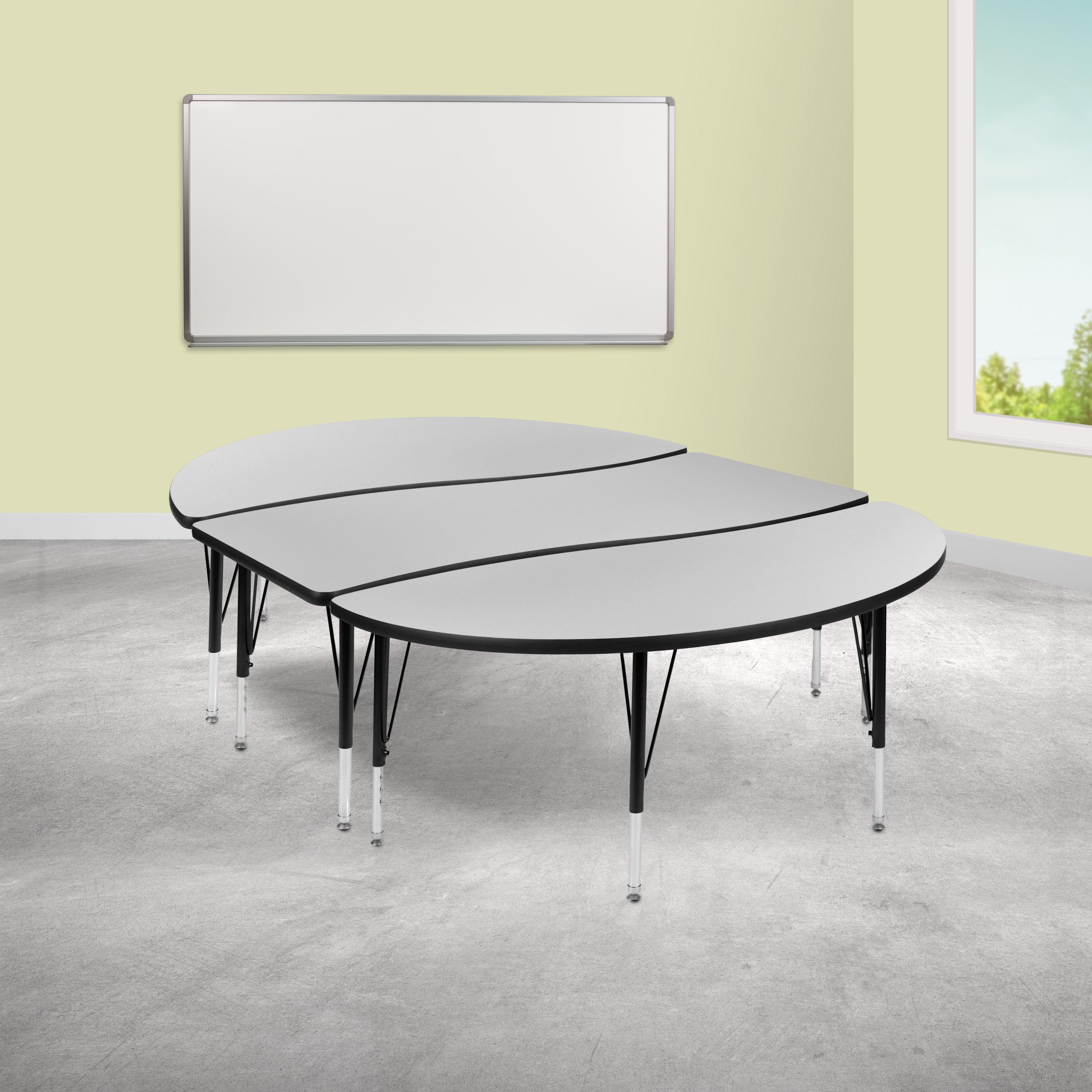 Emmy 2 Piece 86" Oval Wave Flexible Grey Thermal Laminate Activity Table Set - Height Adjustable Short Legs