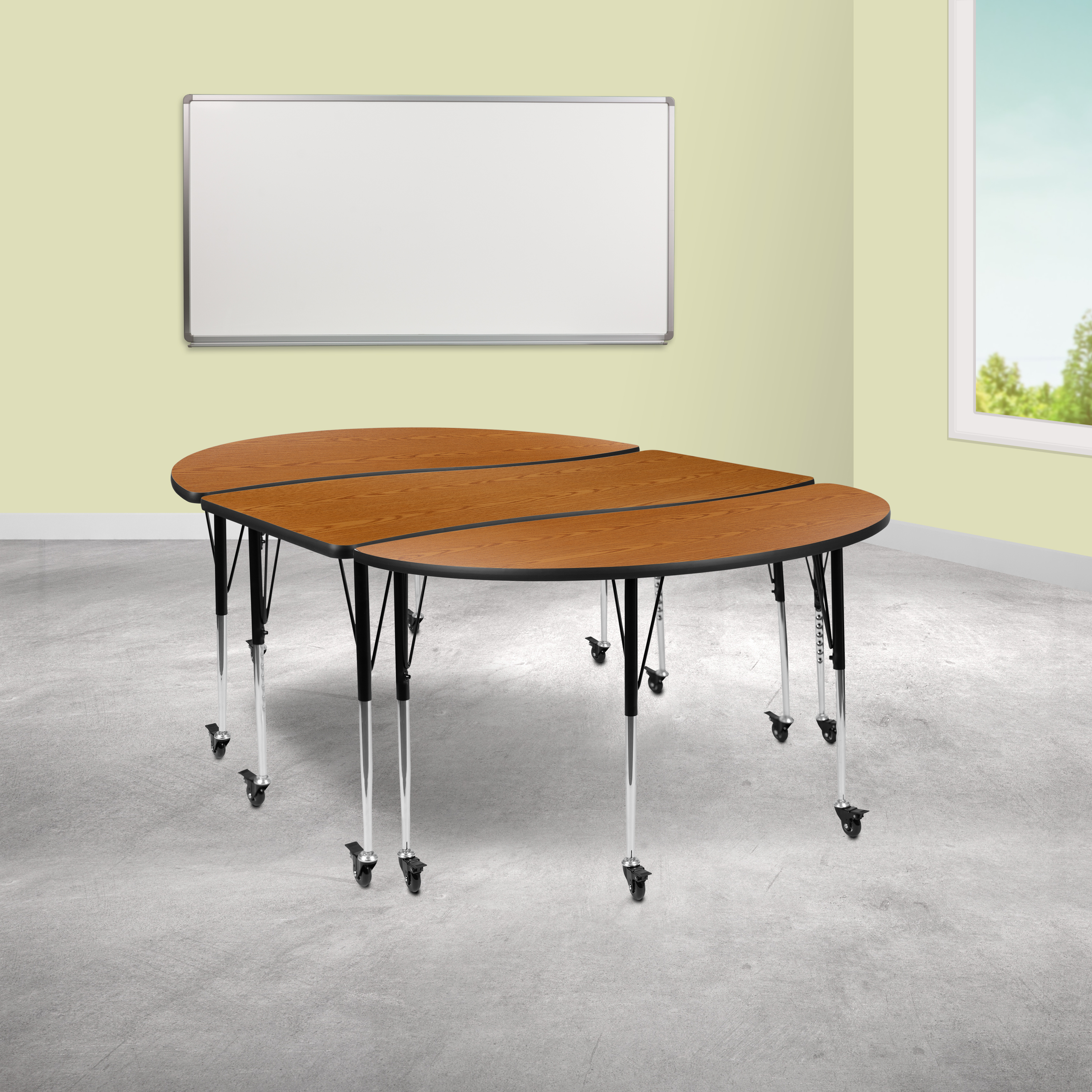 Emmy 3 Piece Mobile 86" Oval Wave Flexible Oak Thermal Laminate Activity Table Set-Standard Height Adjustable Legs