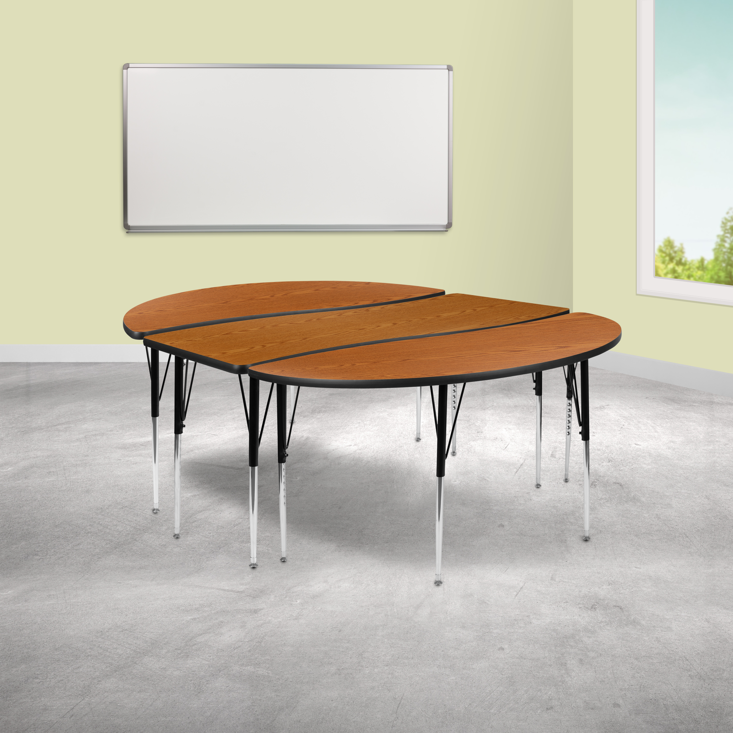 Emmy 2 Piece 86" Oval Wave Flexible Oak Thermal Laminate Activity Table Set - Standard Height Adjustable Legs