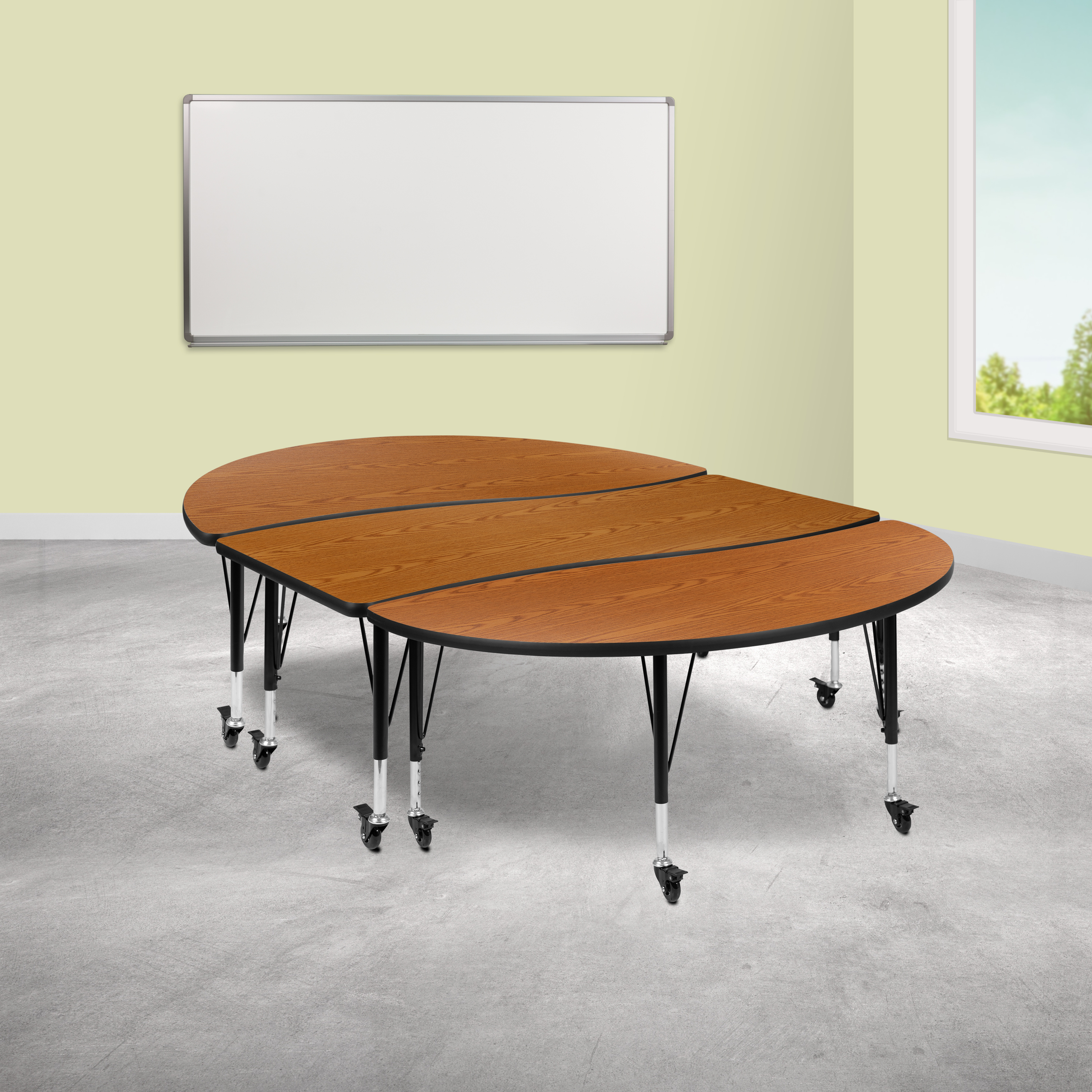 Emmy 3 Piece Mobile 86" Oval Wave Flexible Oak Thermal Laminate Activity Table Set - Height Adjustable Short Legs