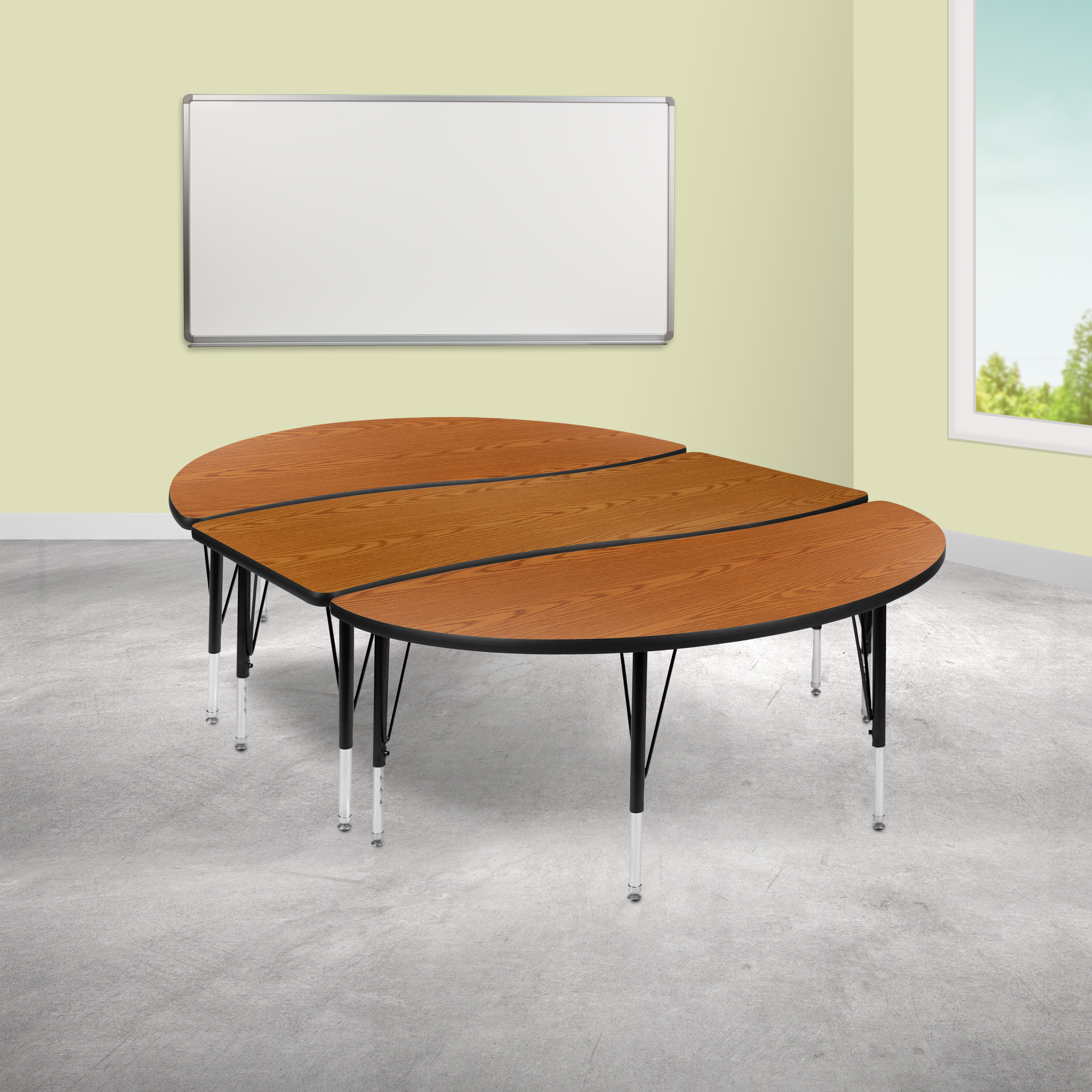 Emmy 2 Piece 86" Oval Wave Flexible Oak Thermal Laminate Activity Table Set - Height Adjustable Short Legs
