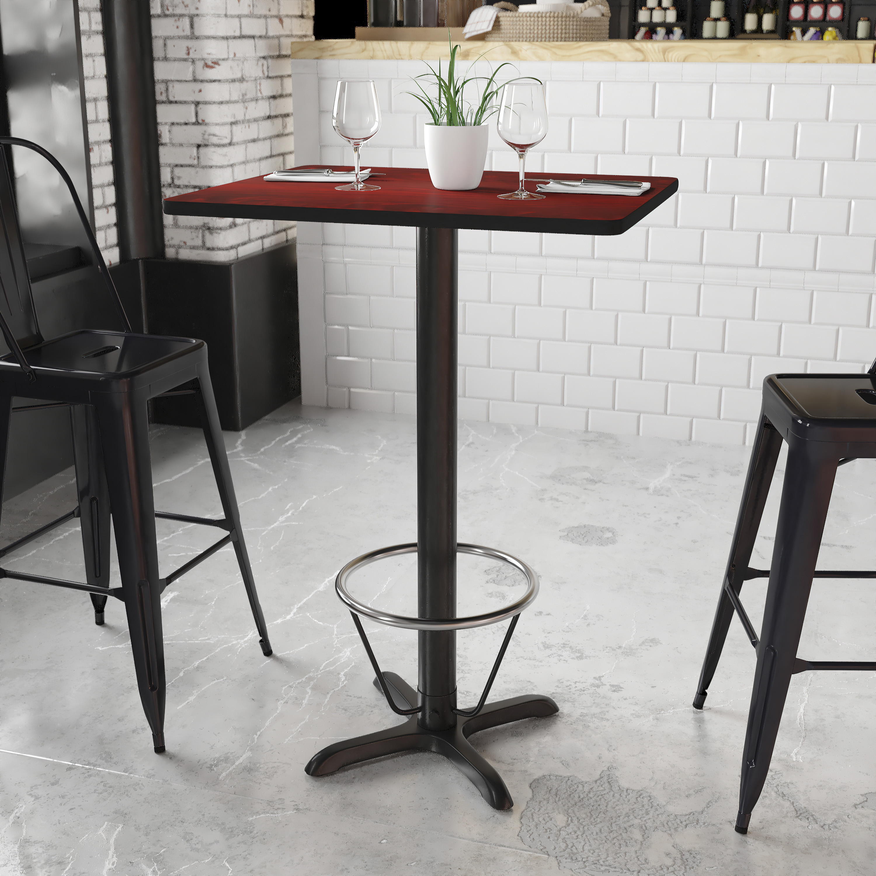 Stiles 24'' x 30'' Rectangular Mahogany Laminate Table Top with 22'' x 22'' Bar Height Table Base and Foot Ring