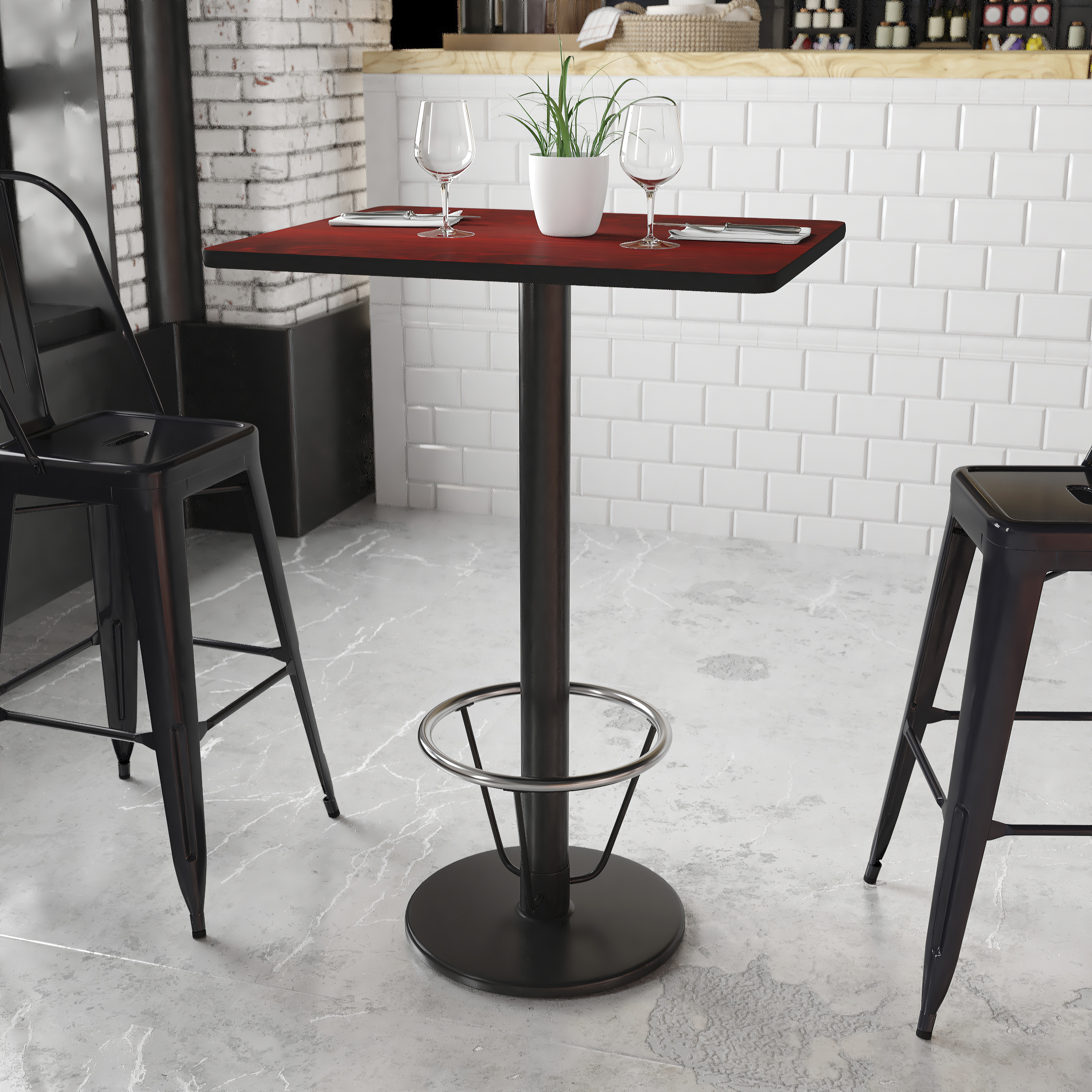 Stiles 24'' x 30'' Rectangular Mahogany Laminate Table Top with 18'' Round Bar Height Table Base and Foot Ring