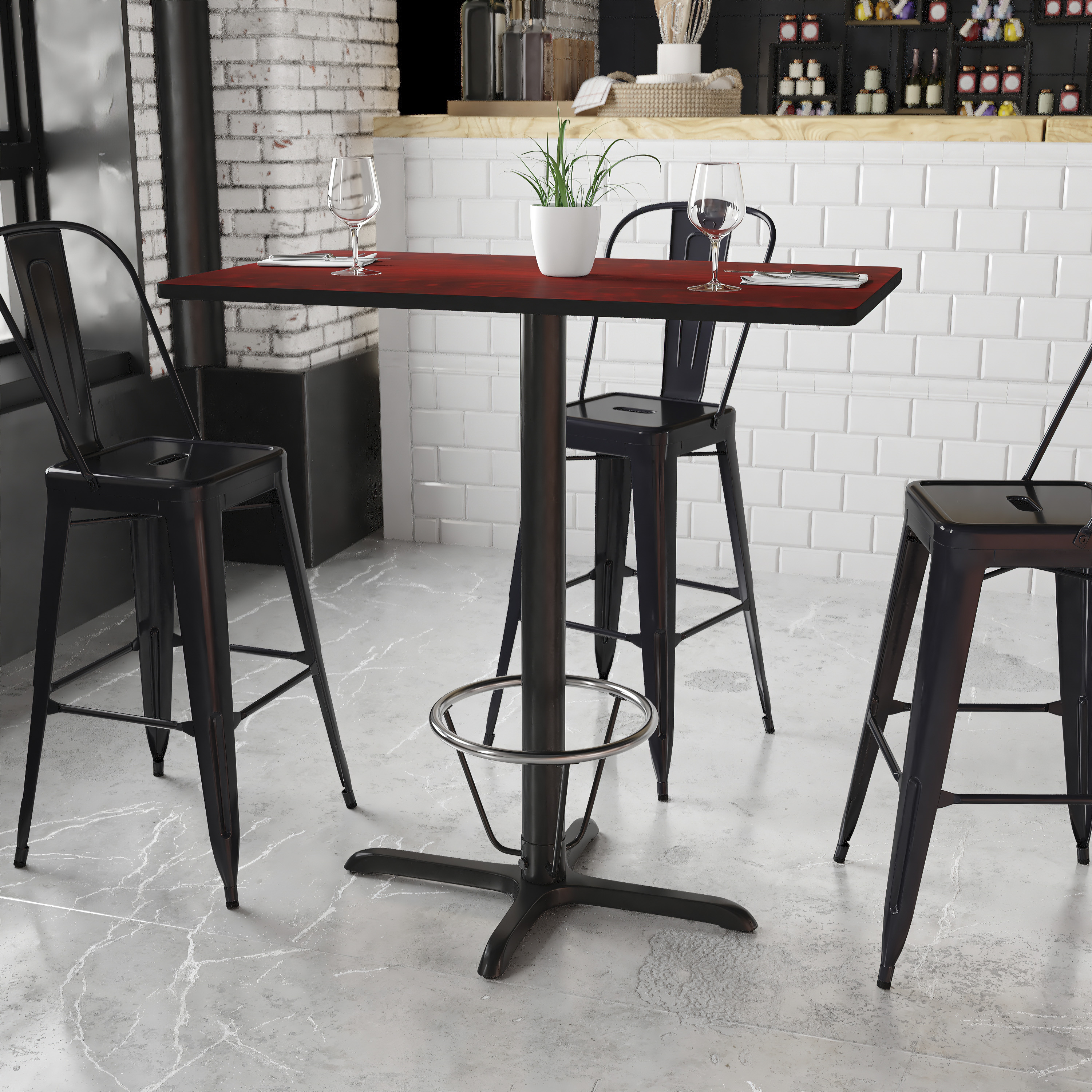 Stiles 24'' x 42'' Rectangular Mahogany Laminate Table Top with 23.5'' x 29.5'' Bar Height Table Base and Foot Ring