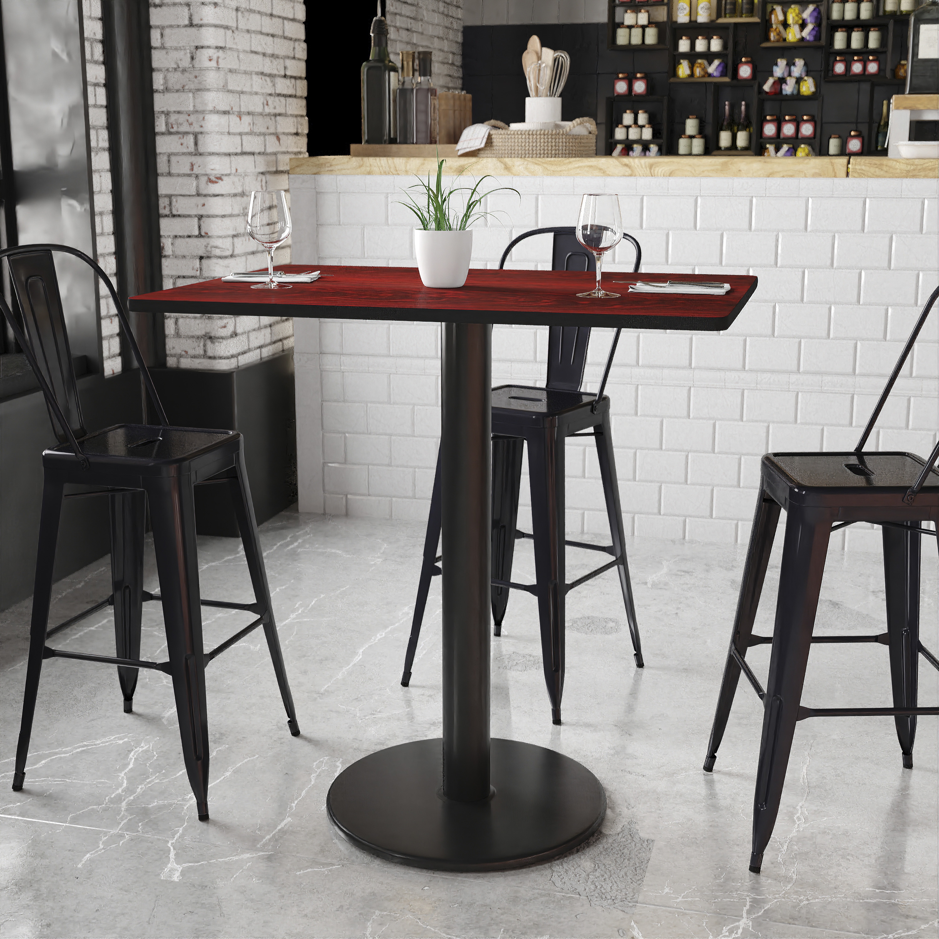 Stiles 30'' x 42'' Rectangular Mahogany Laminate Table Top with 24'' Round Bar Height Table Base