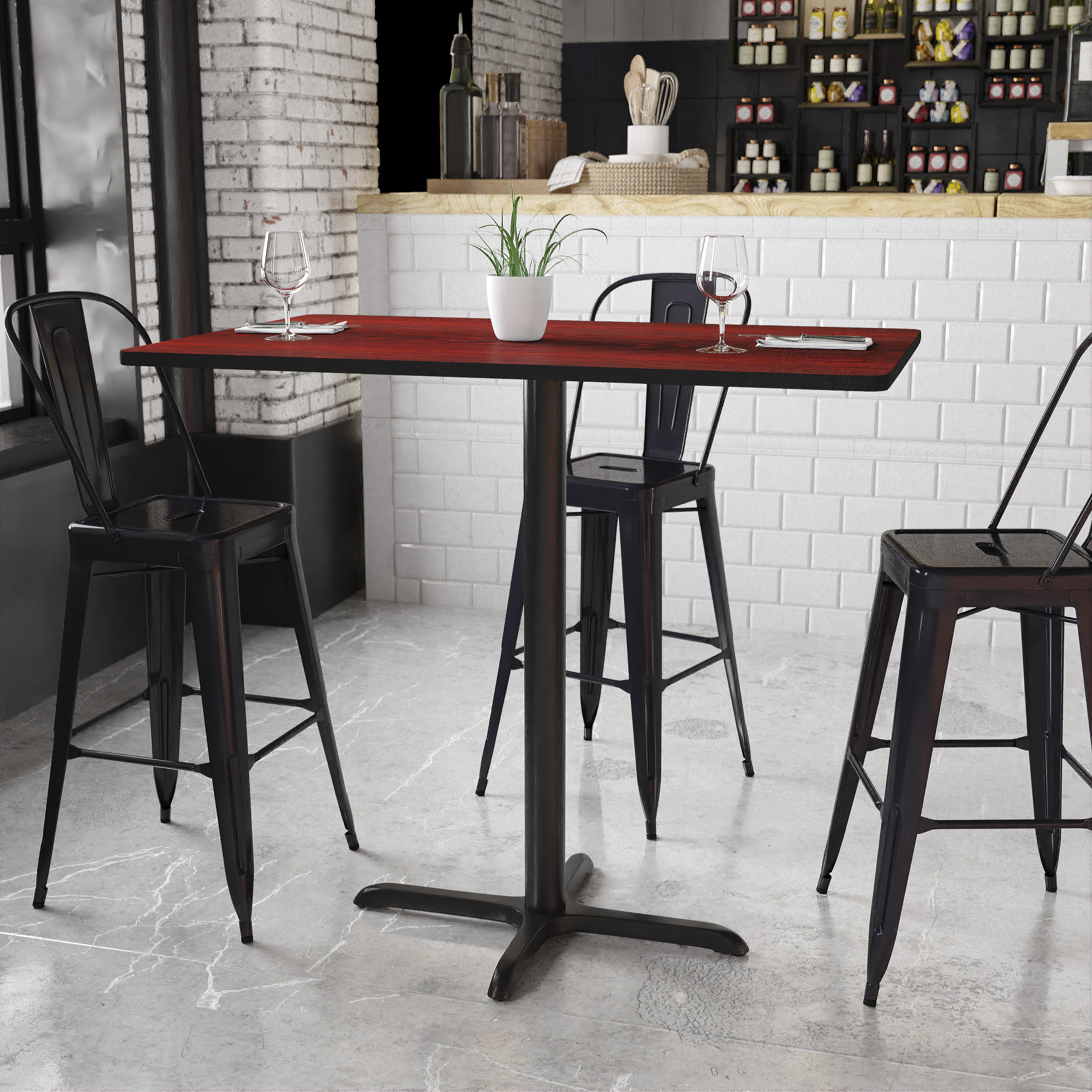 Stiles 30'' x 48'' Rectangular Mahogany Laminate Table Top with 23.5'' x 29.5'' Bar Height Table Base
