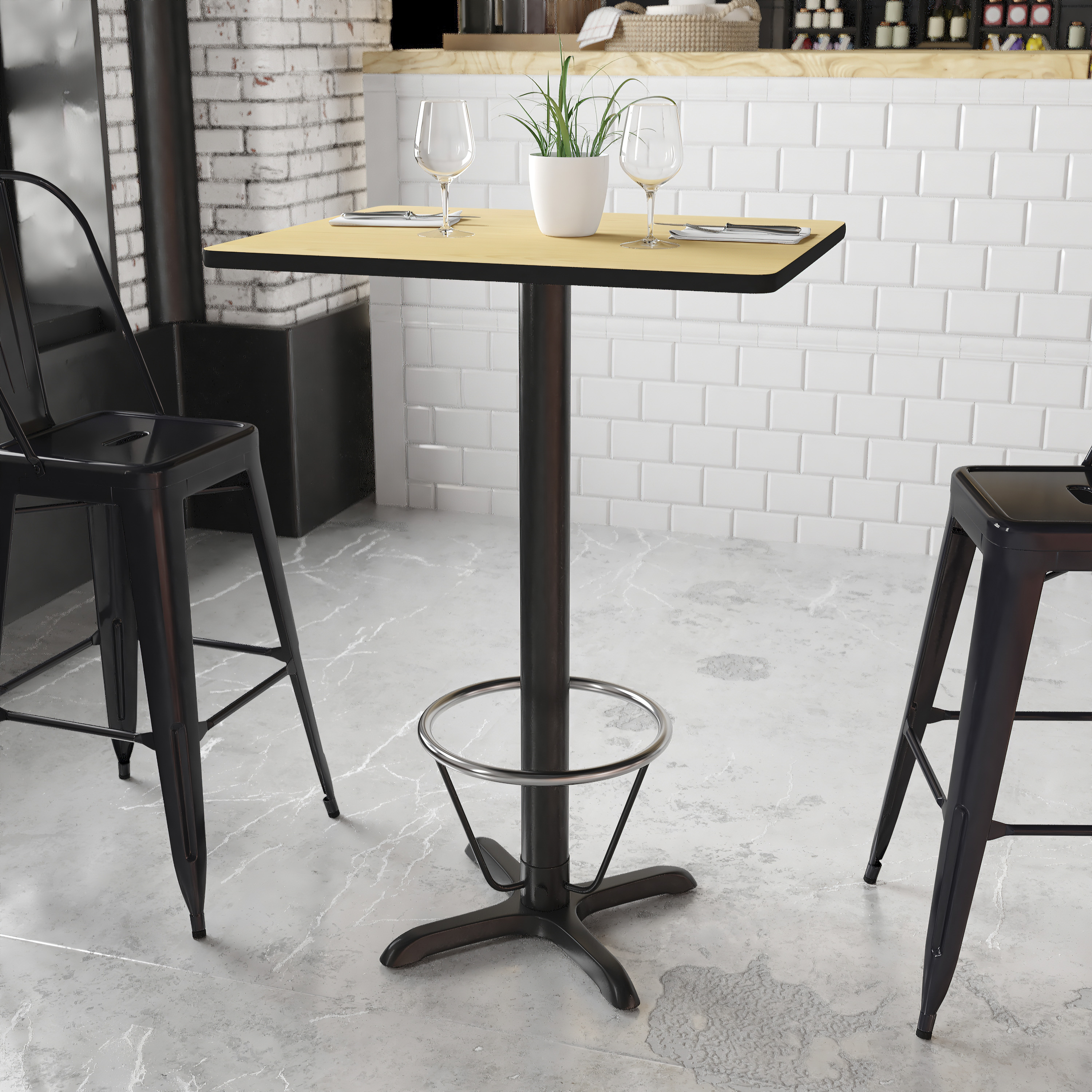 Stiles 24'' x 30'' Rectangular Natural Laminate Table Top with 22'' x 22'' Bar Height Table Base and Foot Ring