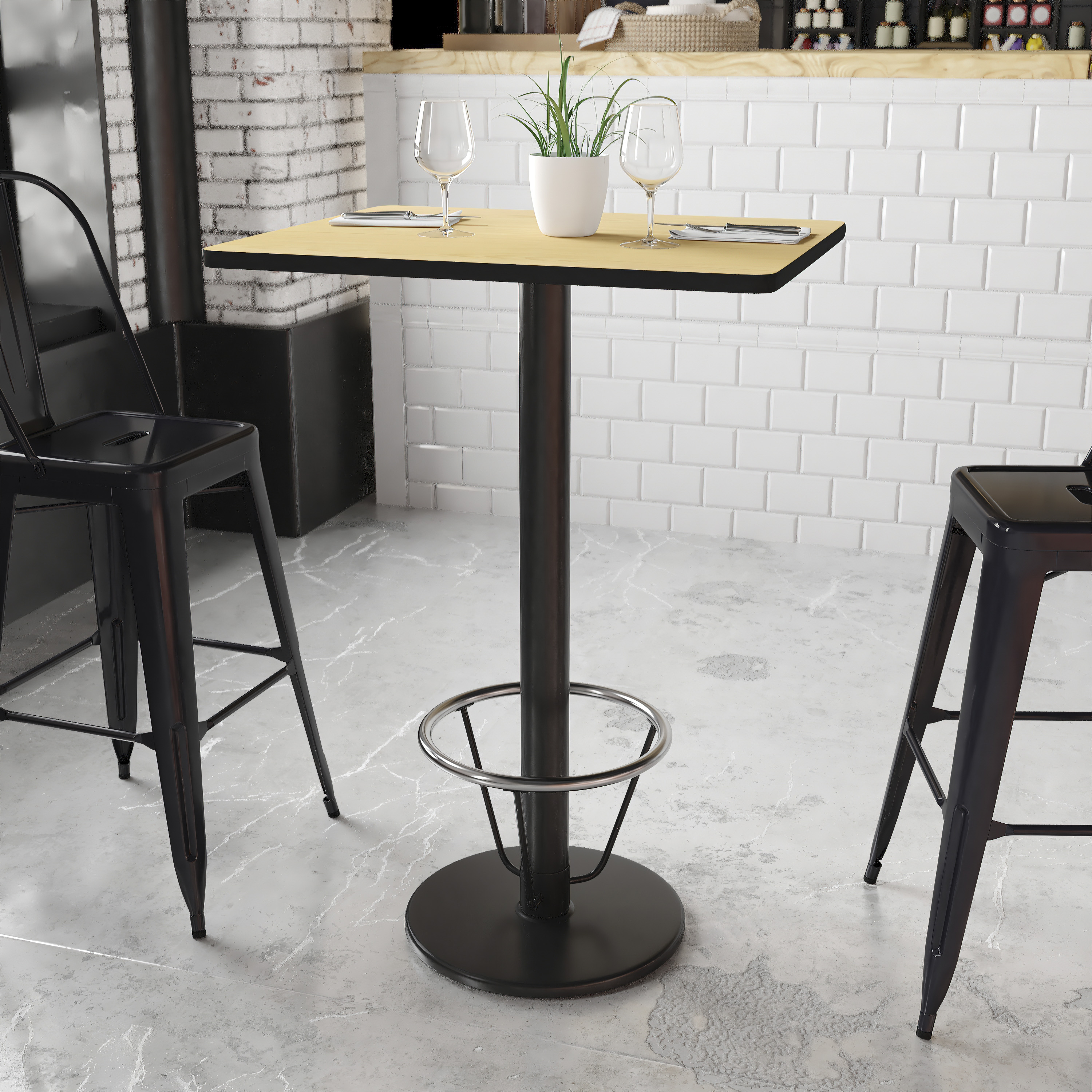 Stiles 24'' x 30'' Rectangular Natural Laminate Table Top with 18'' Round Bar Height Table Base and Foot Ring