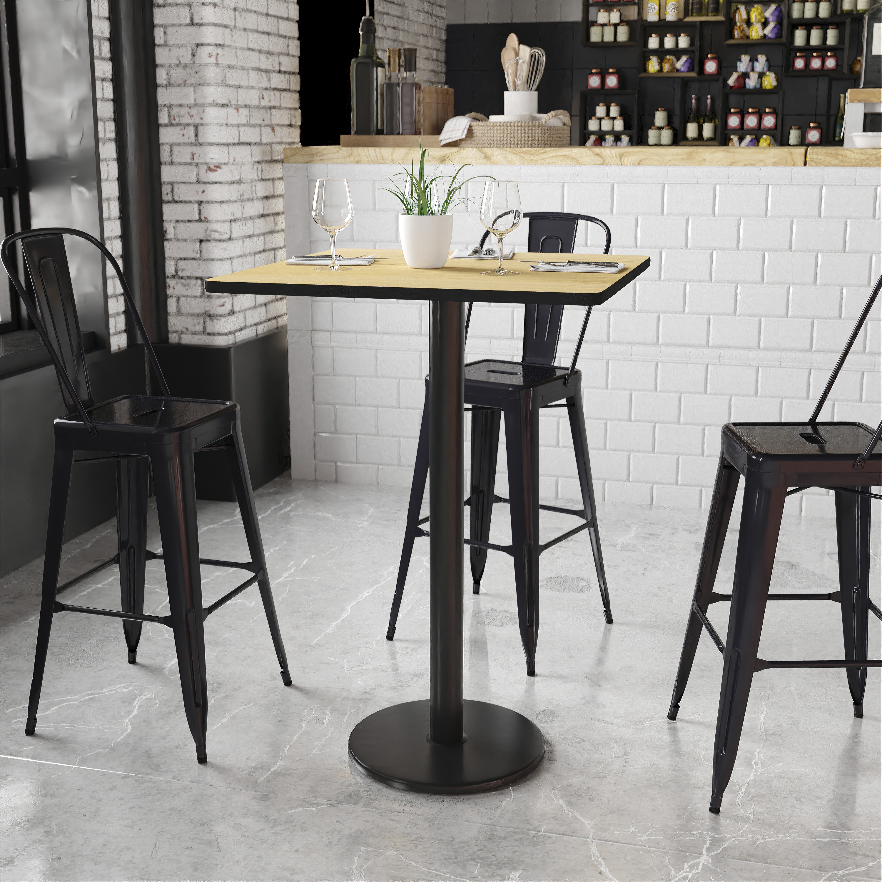 Stiles 30'' Square Natural Laminate Table Top with 18'' Round Bar Height Table Base