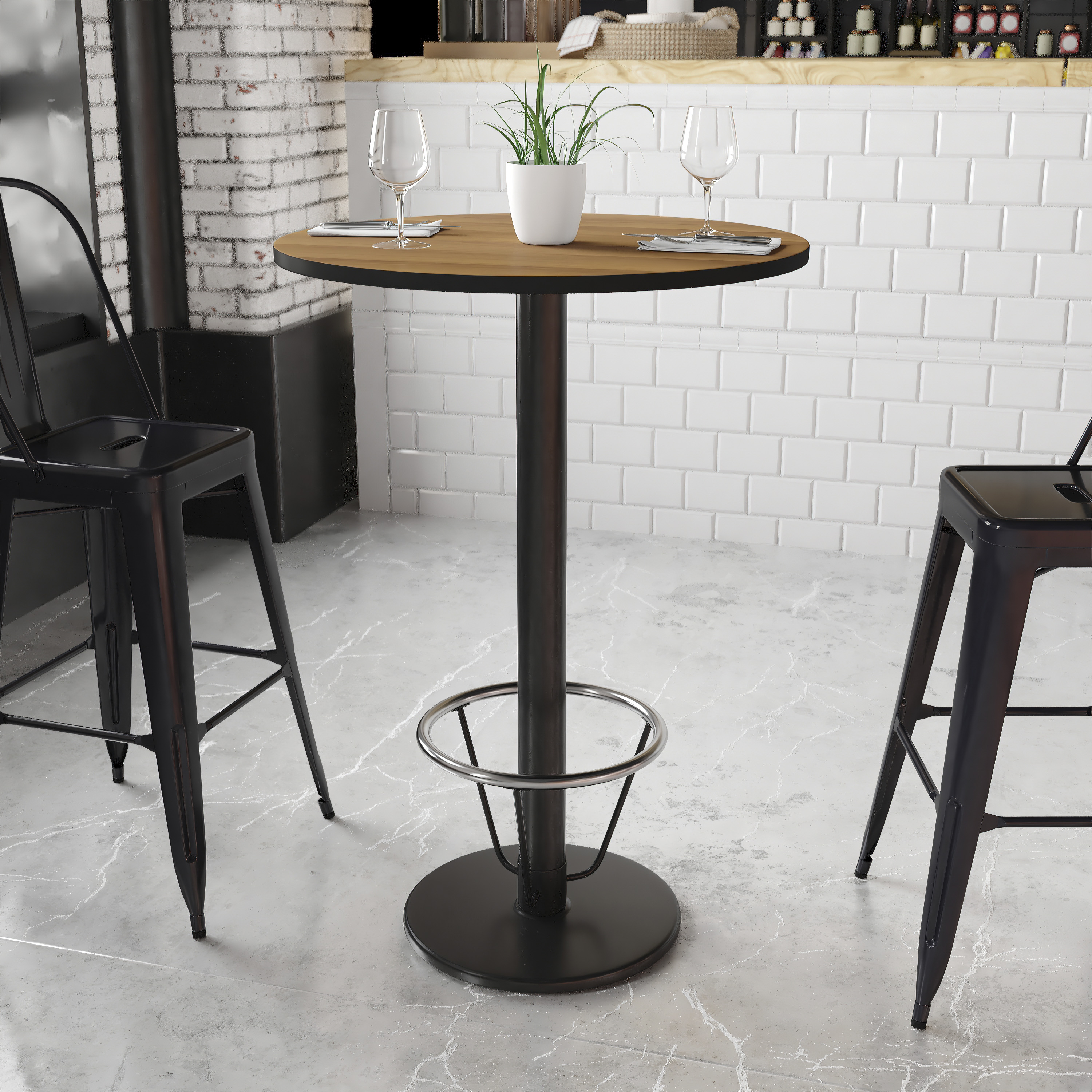 Stiles 30'' Round Walnut Laminate Table Top with 18'' Round Bar Height Table Base and Foot Ring