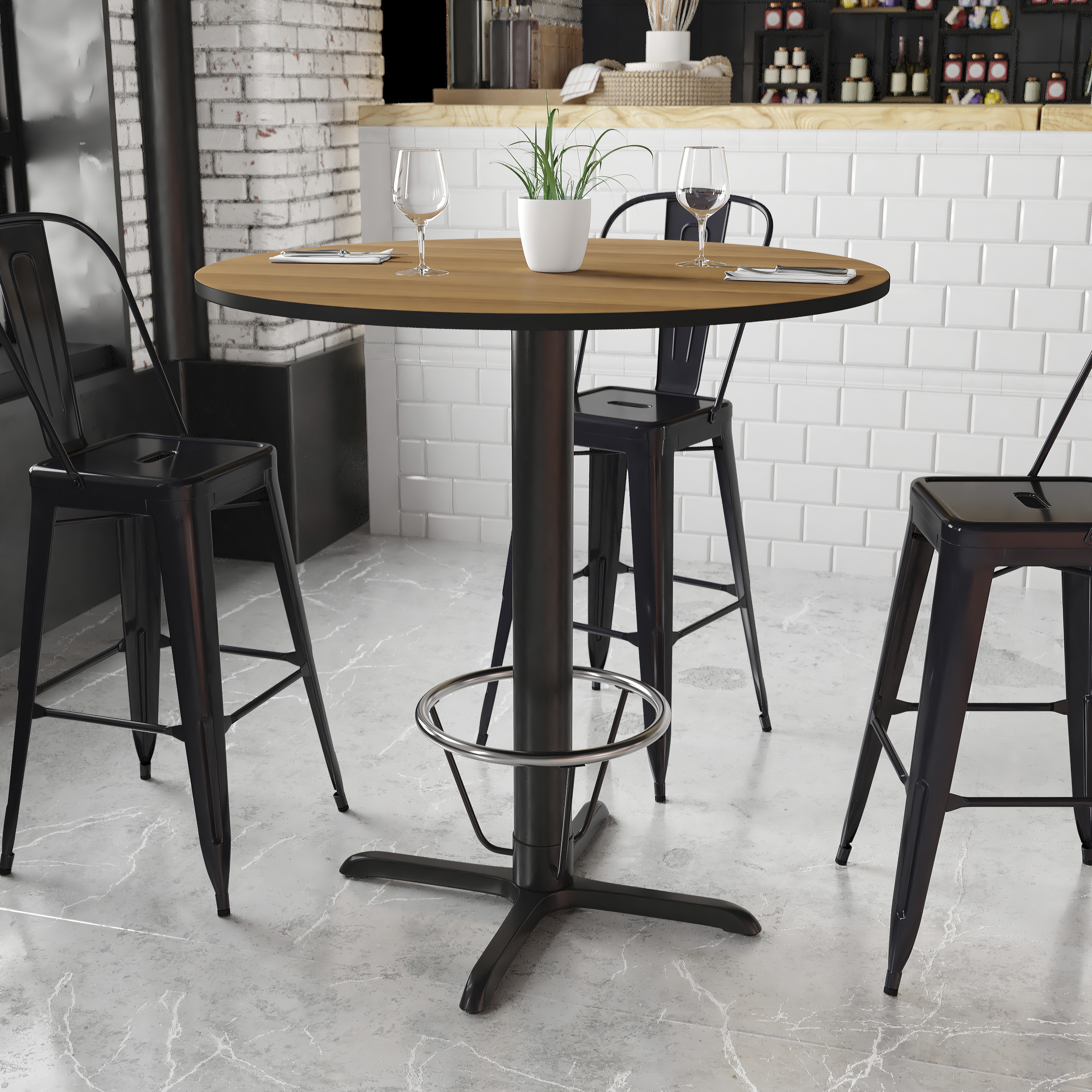Stiles 42'' Round Walnut Laminate Table Top with 33'' x 33'' Bar Height Table Base and Foot Ring