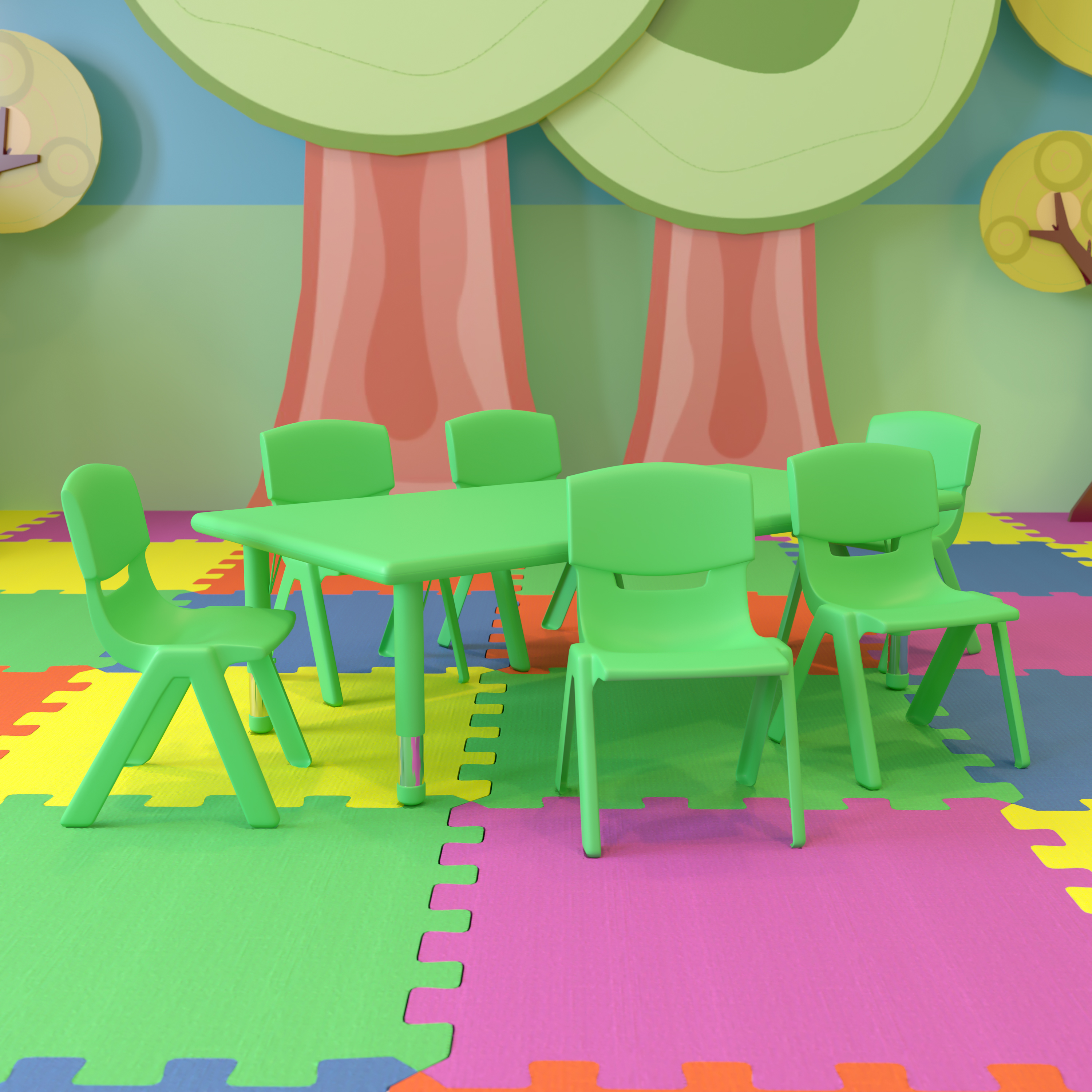 Emmy 24''W x 48''L Rectangular Green Plastic Height Adjustable Activity Table Set with 6 Chairs