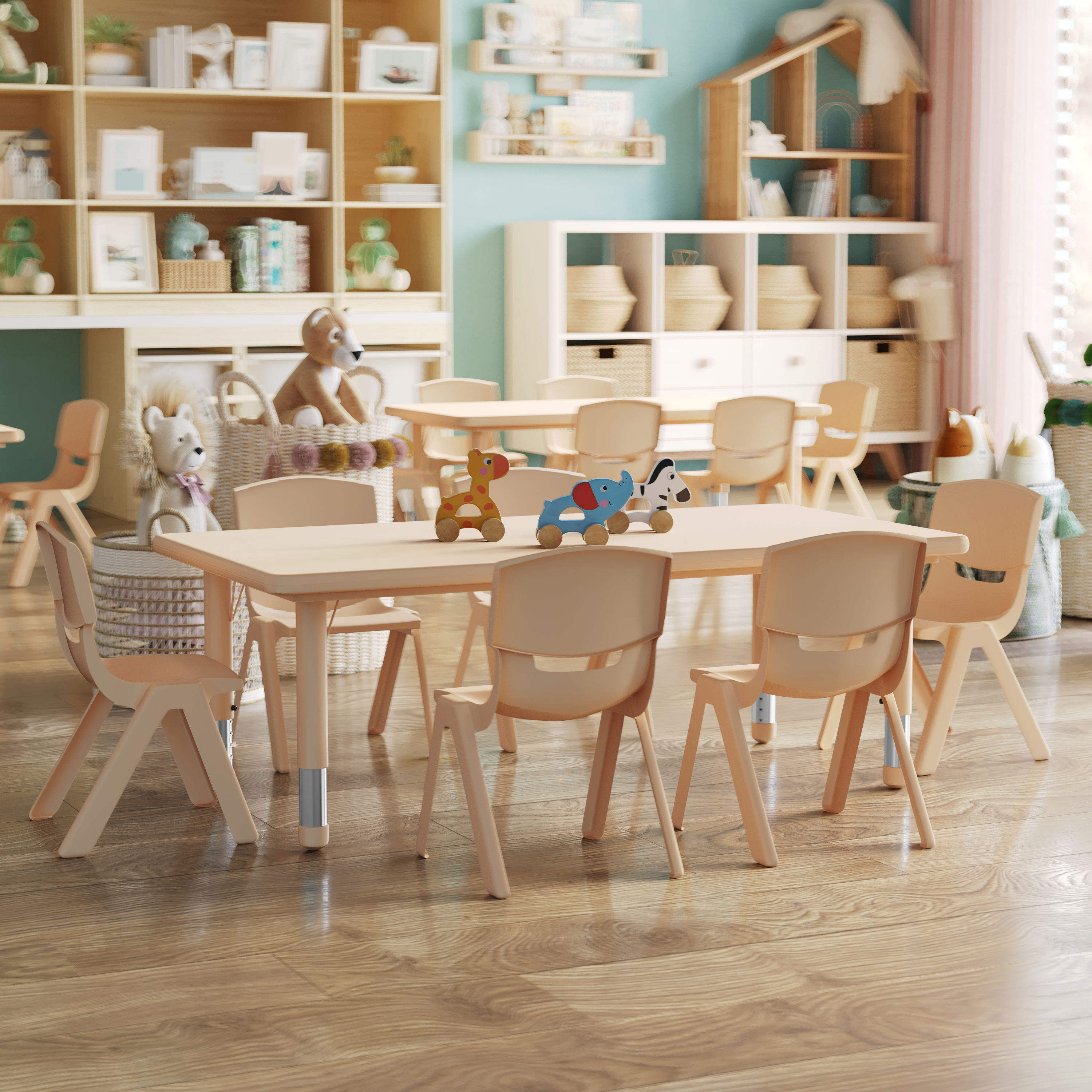 Emmy 24"W x 48"L Rectangular Natural Plastic Height Adjustable Activity Table Set with 6 Chairs