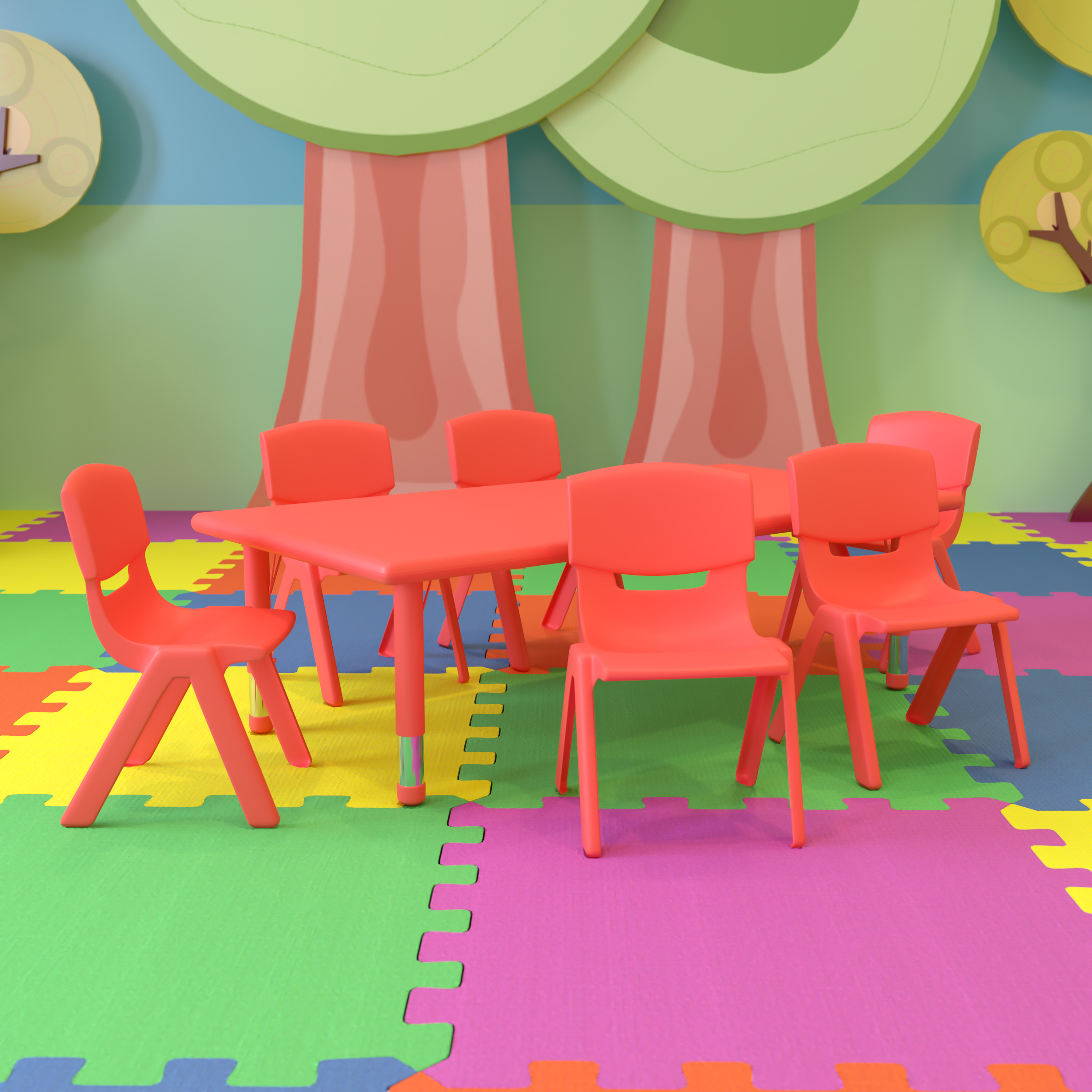 Emmy 24''W x 48''L Rectangular Red Plastic Height Adjustable Activity Table Set with 6 Chairs
