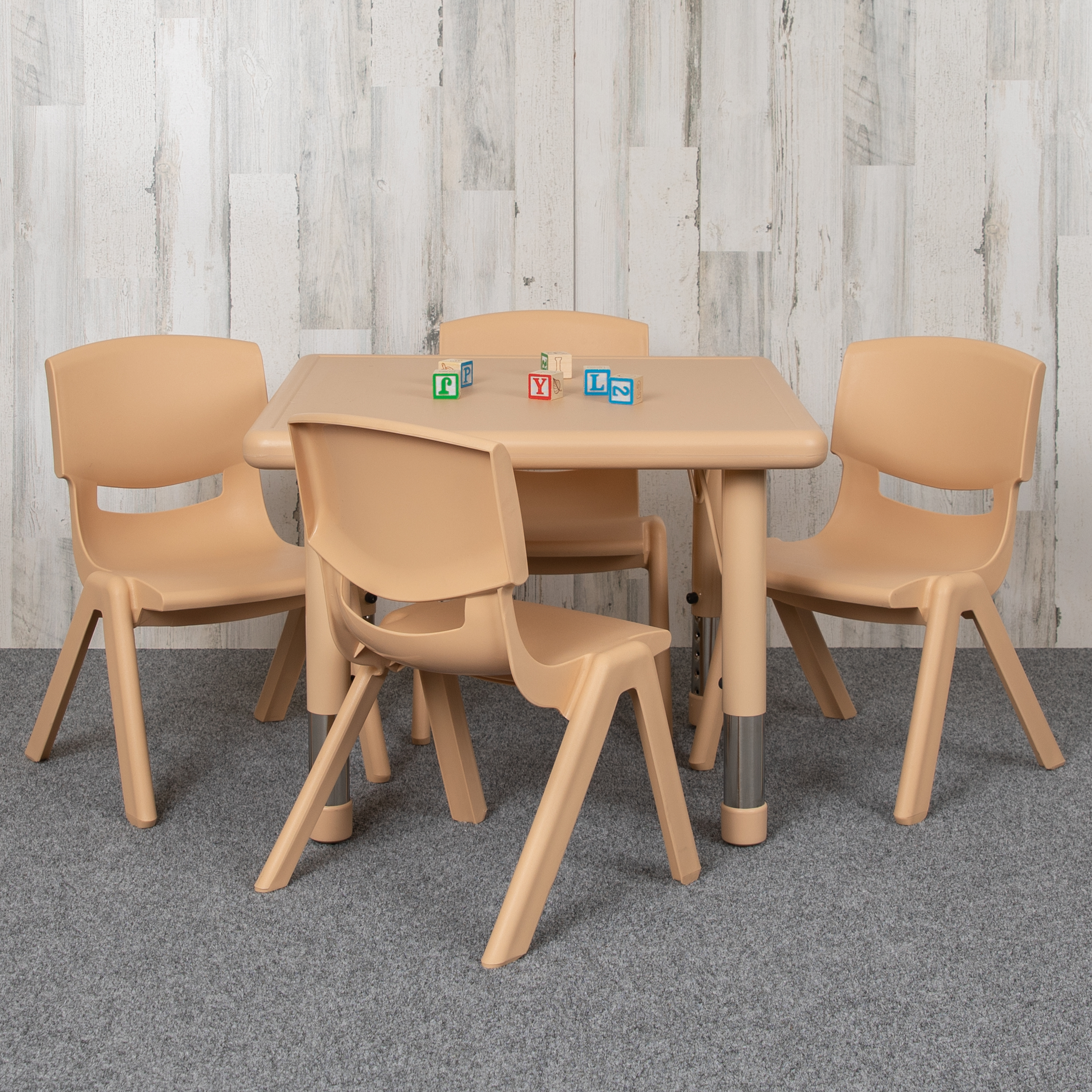 Emmy 24" Square Natural Plastic Height Adjustable Activity Table Set with 4 Chairs