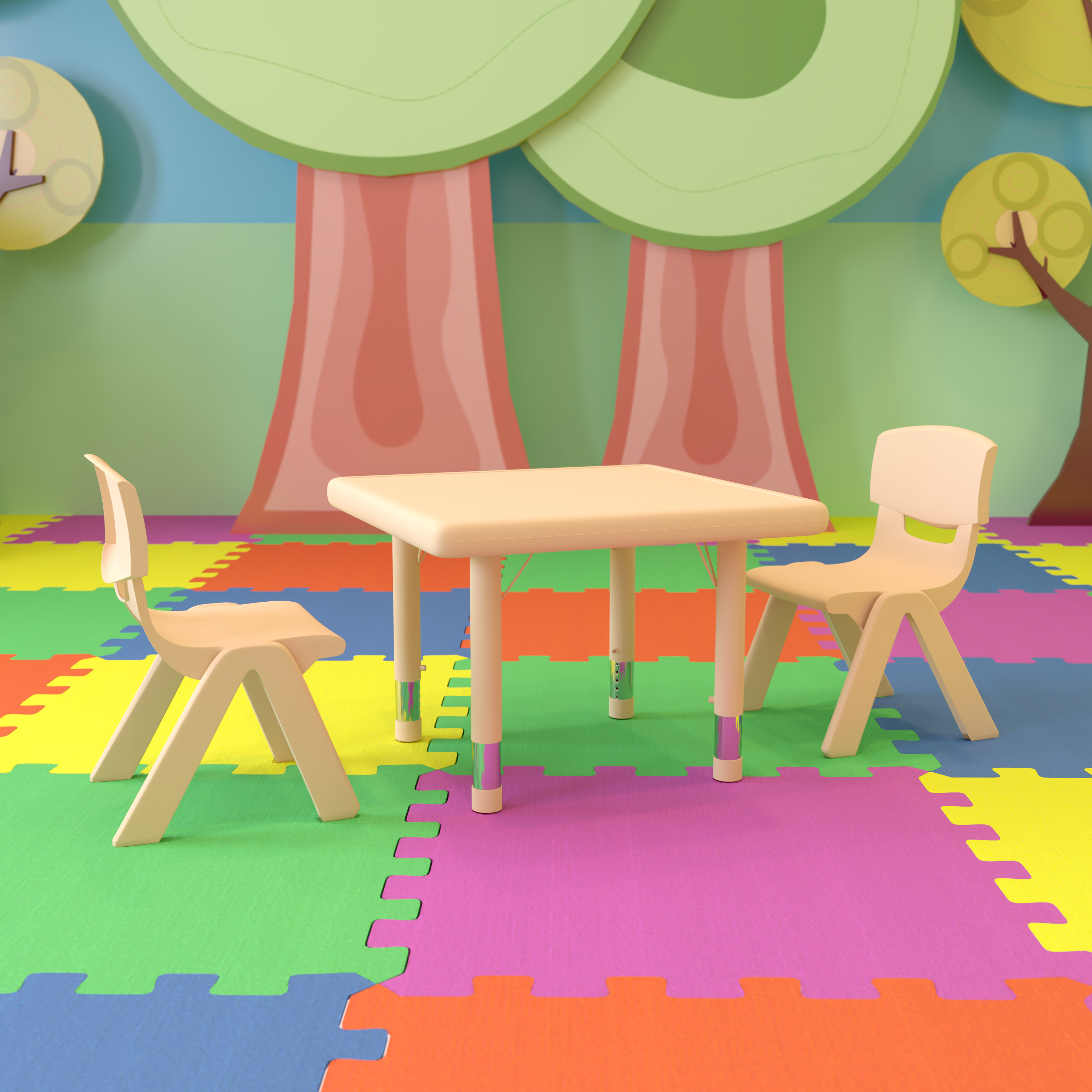 Emmy 24" Square Natural Plastic Height Adjustable Activity Table Set with 2 Chairs
