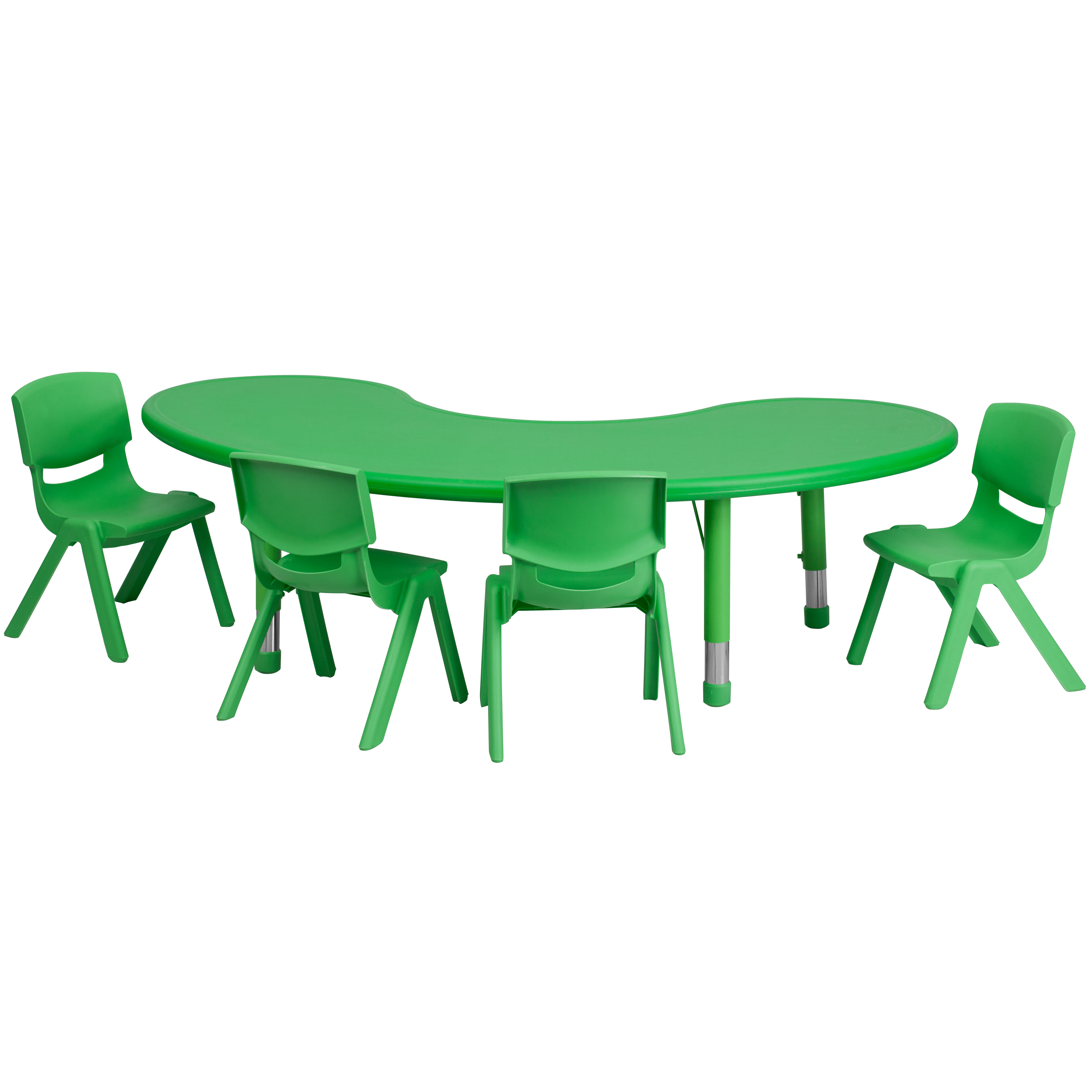 Emmy 35''W x 65''L Half-Moon Green Plastic Height Adjustable Activity Table Set with 4 Chairs