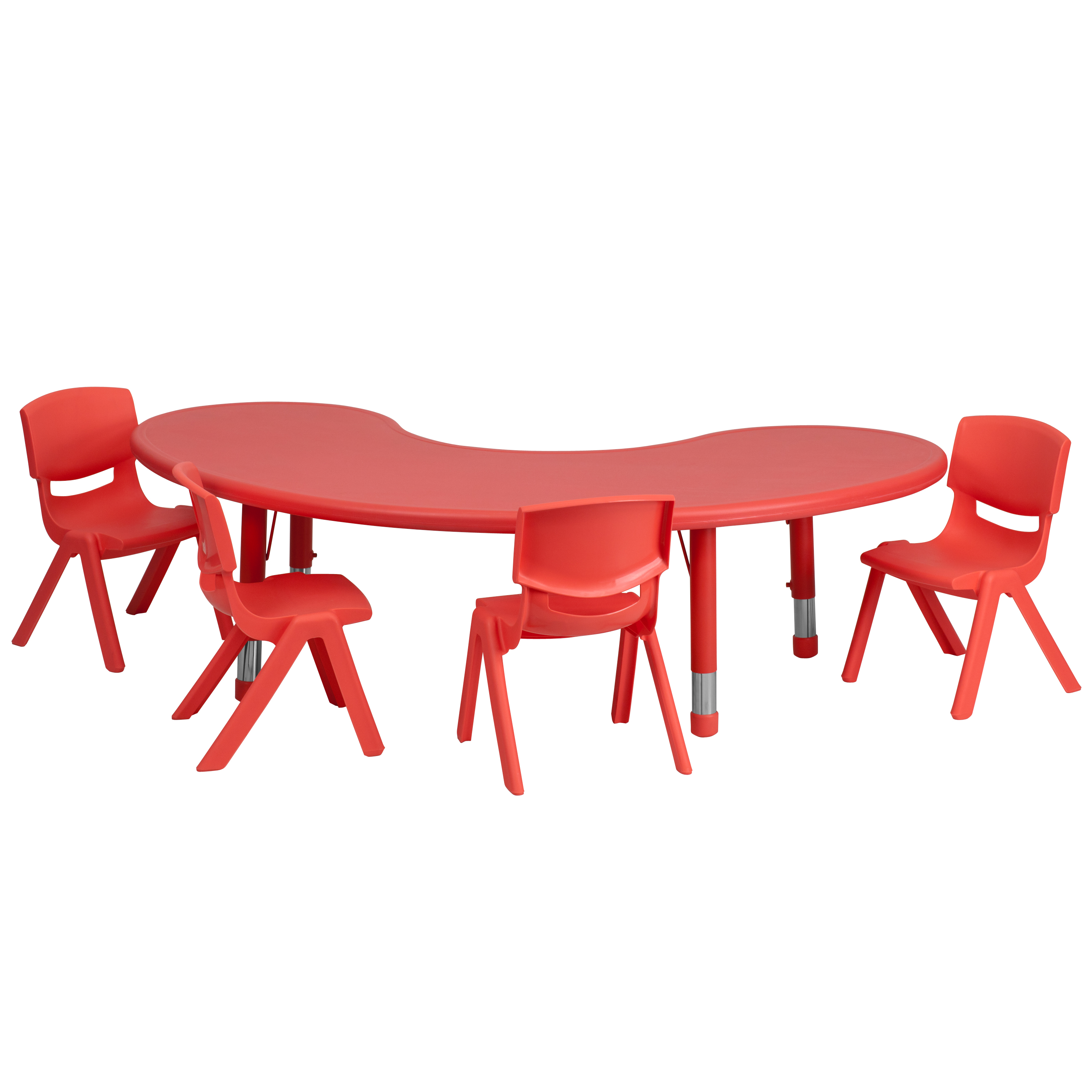 Emmy 35''W x 65''L Half-Moon Red Plastic Height Adjustable Activity Table Set with 4 Chairs