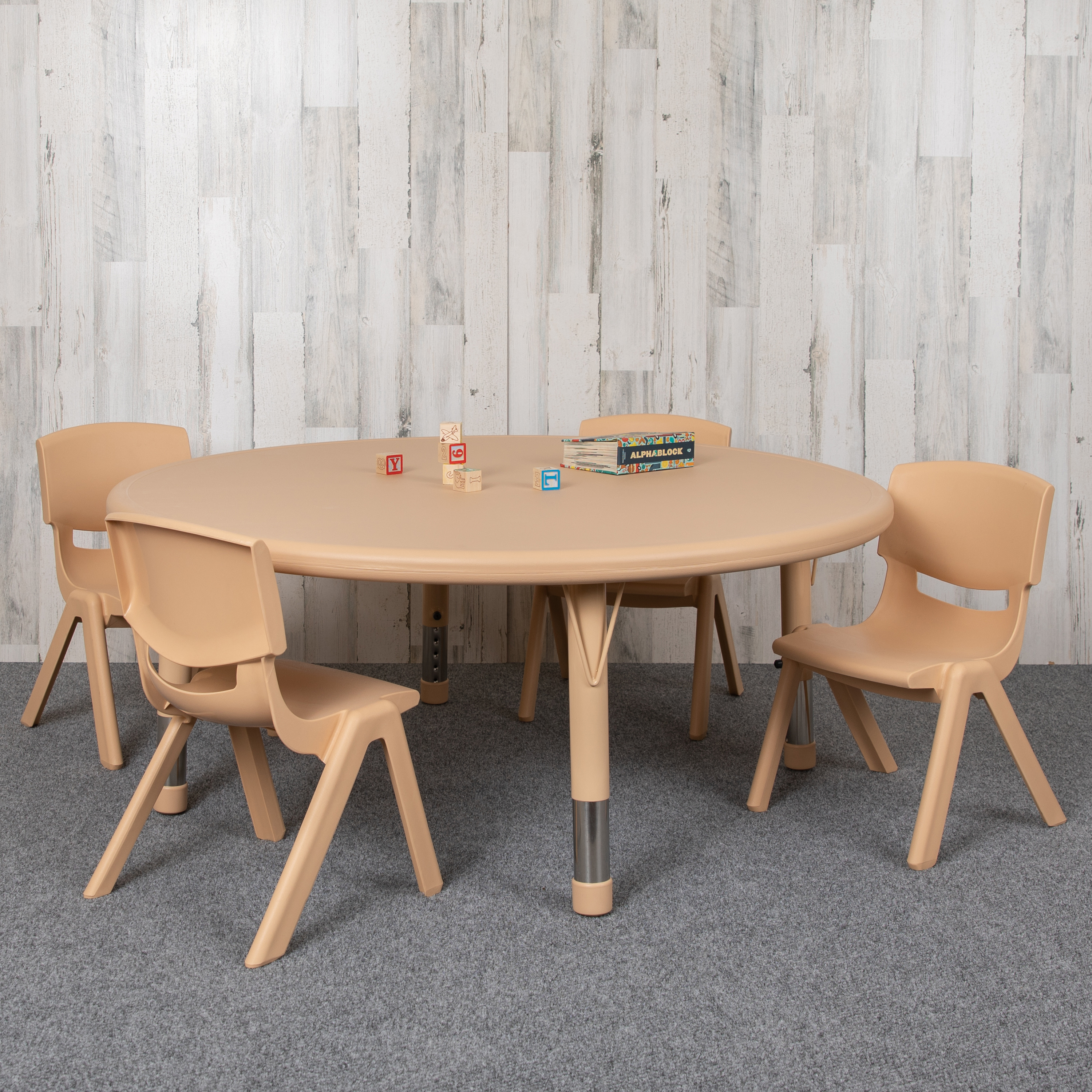 Emmy 45" Round Natural Plastic Height Adjustable Activity Table Set with 4 Chairs
