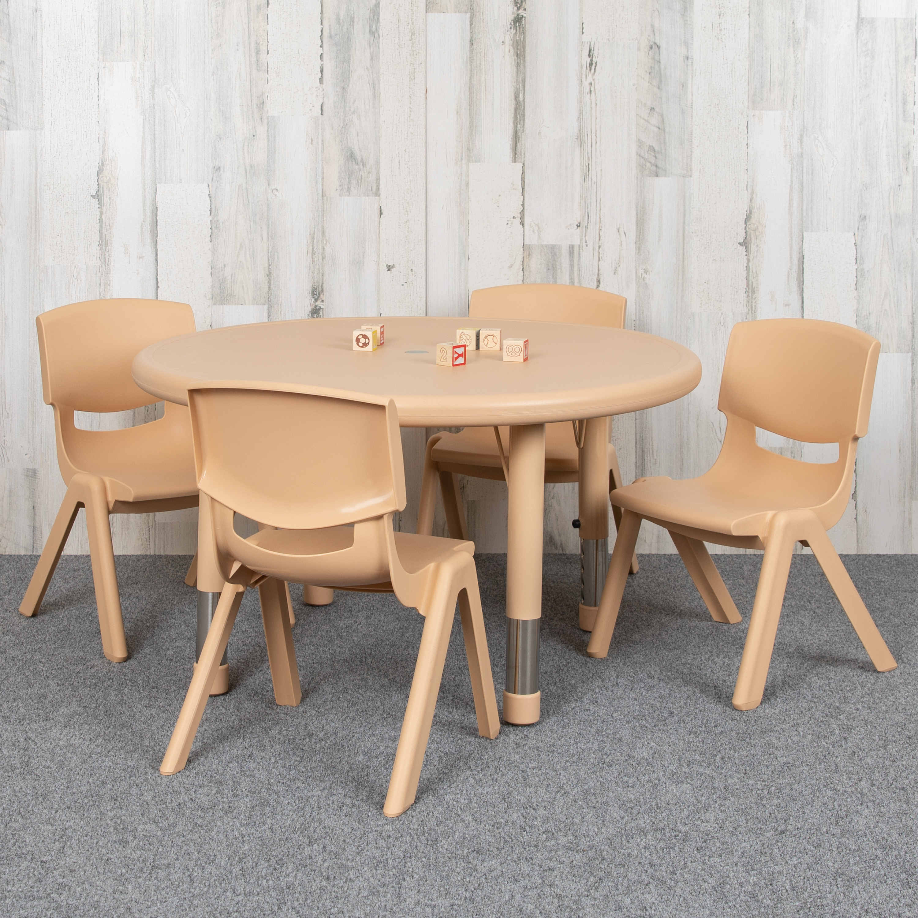 Emmy 33" Round Natural Plastic Height Adjustable Activity Table Set with 4 Chairs