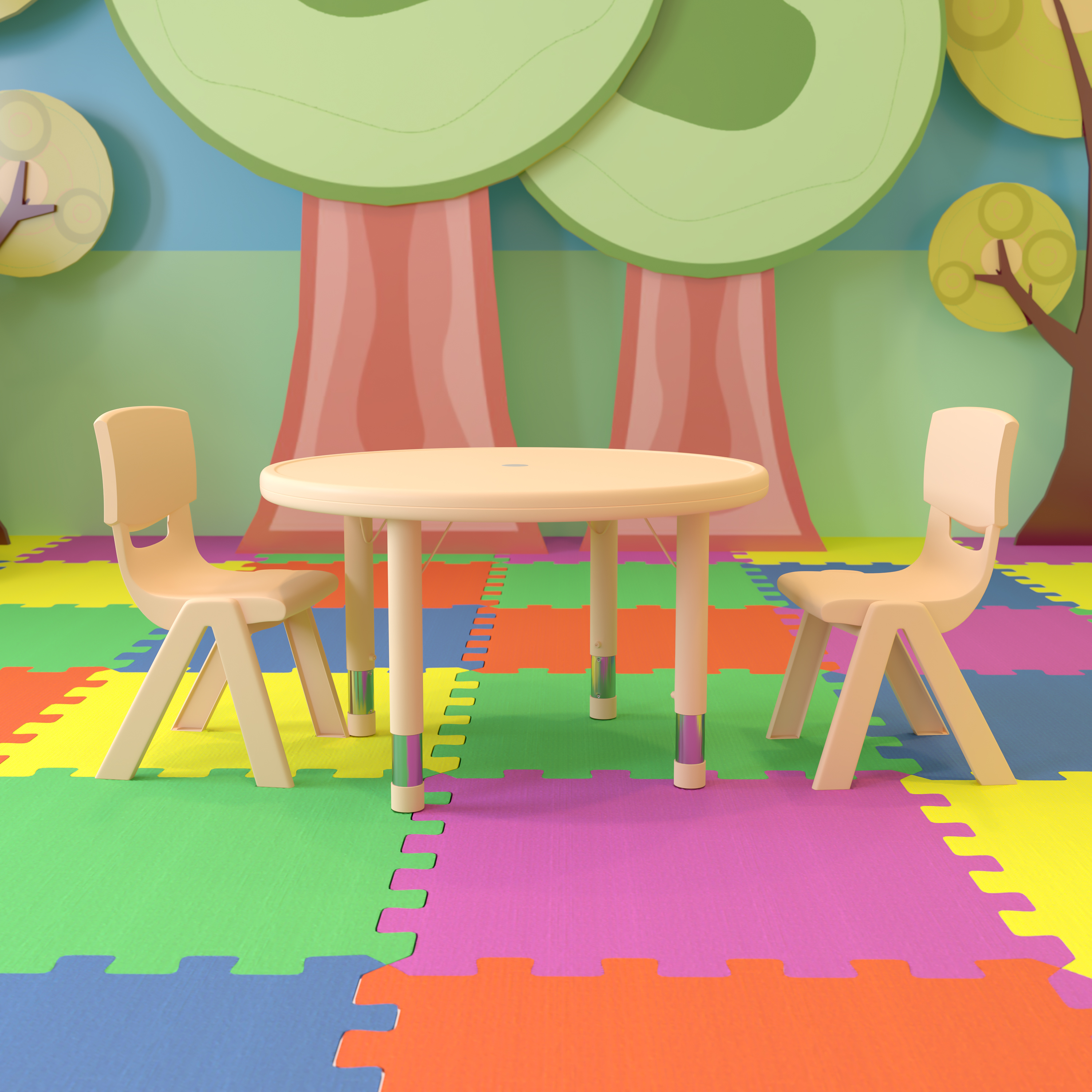 Emmy 33" Round Natural Plastic Height Adjustable Activity Table Set with 2 Chairs