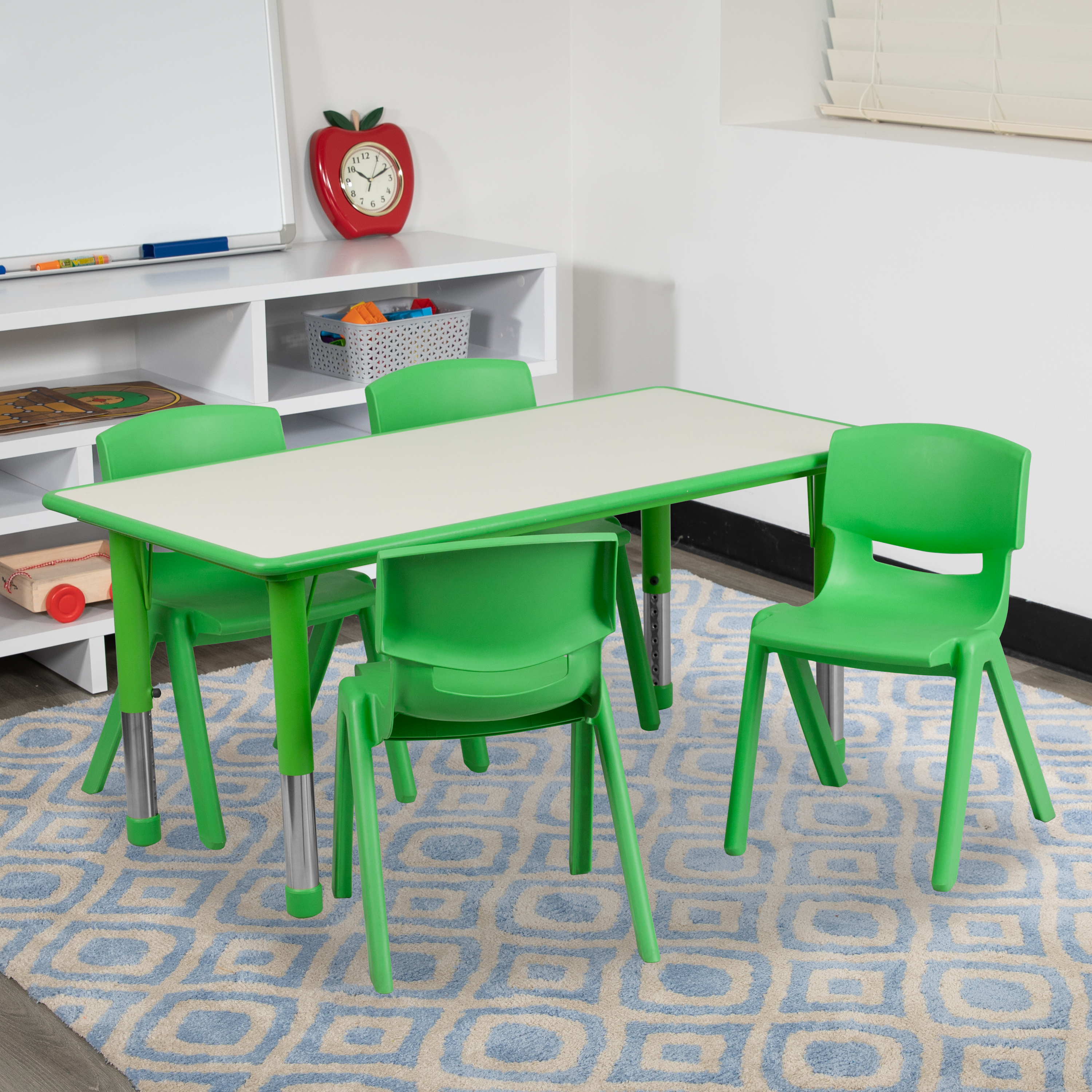 Emmy 23.625''W x 47.25''L Rectangular Green Plastic Height Adjustable Activity Table Set with 4 Chairs