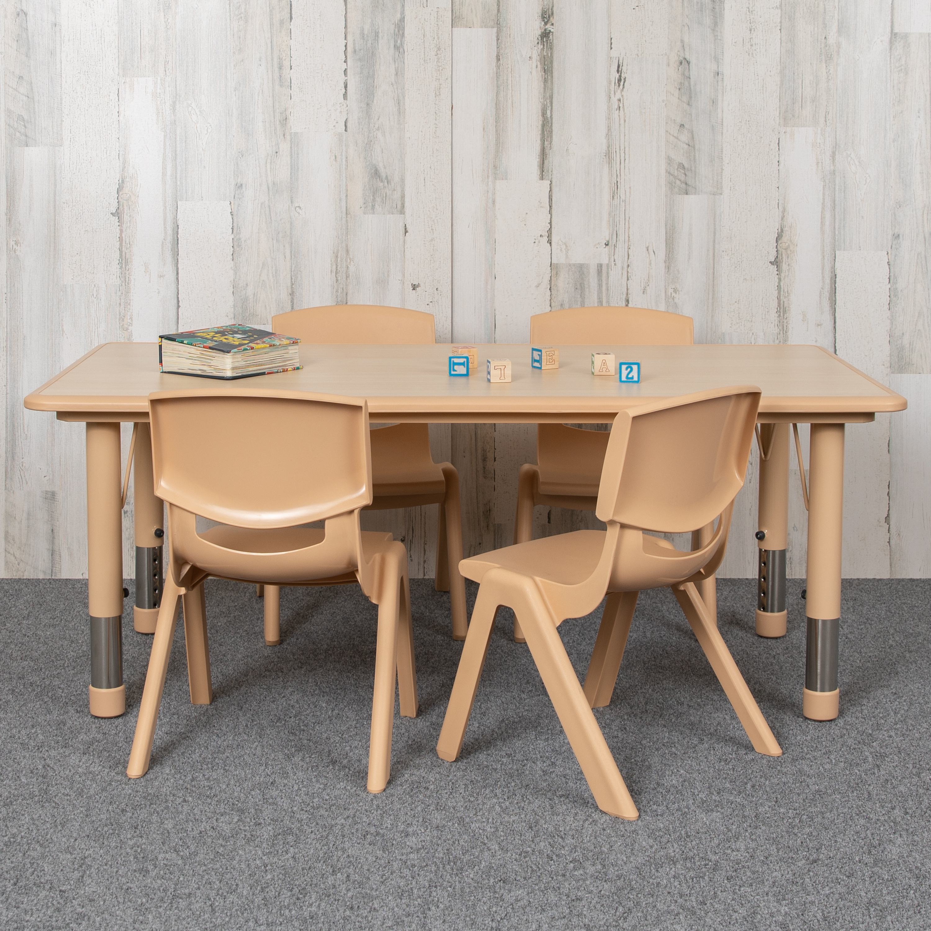 Emmy 23.625"W x 47.25"L Rectangular Natural Plastic Height Adjustable Activity Table Set with 4 Chairs