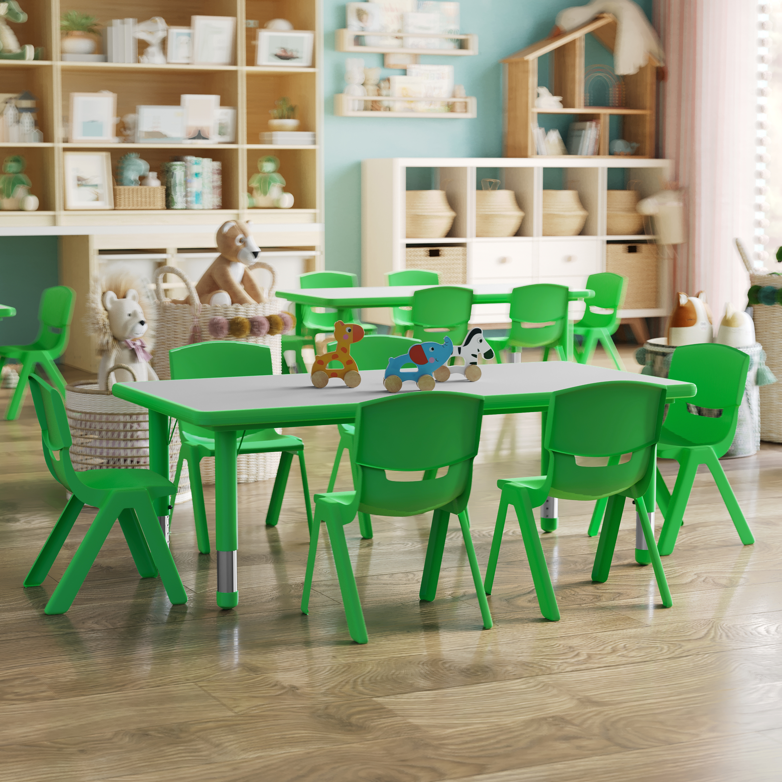 Emmy 23.625''W x 47.25''L Rectangular Green Plastic Height Adjustable Activity Table Set with 6 Chairs