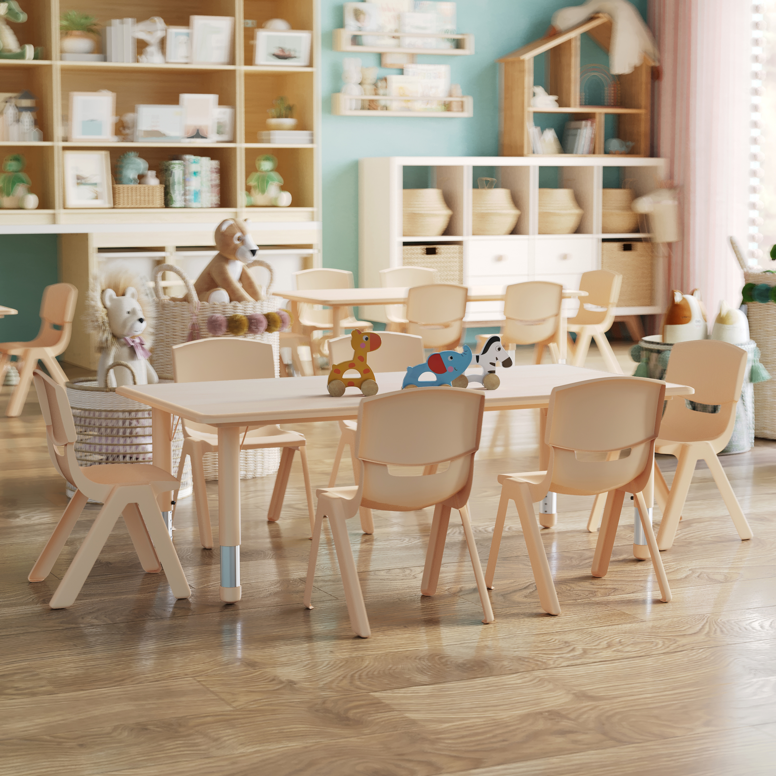 Emmy 23.625"W x 47.25"L Rectangular Natural Plastic Height Adjustable Activity Table Set with 6 Chairs