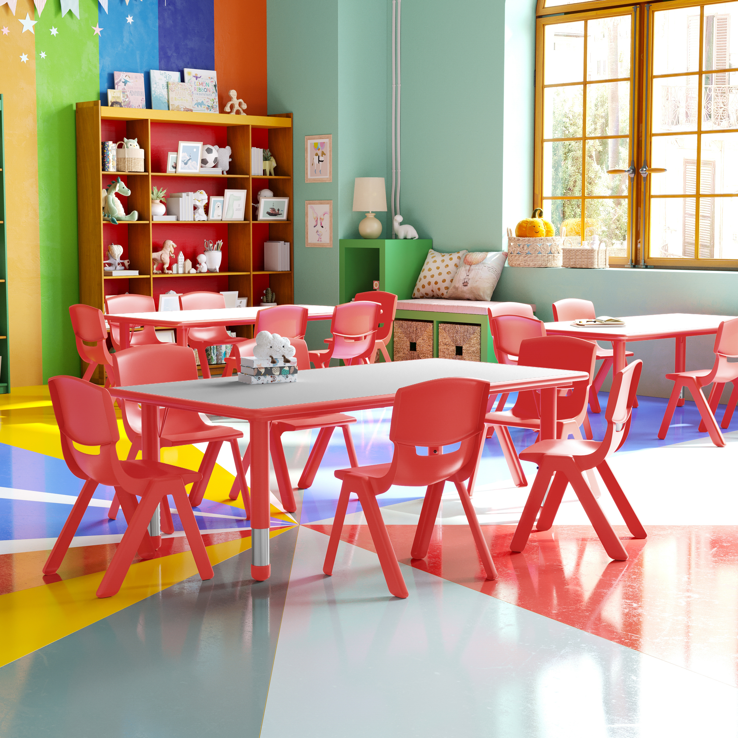 Emmy 23.625''W x 47.25''L Rectangular Red Plastic Height Adjustable Activity Table Set with 6 Chairs